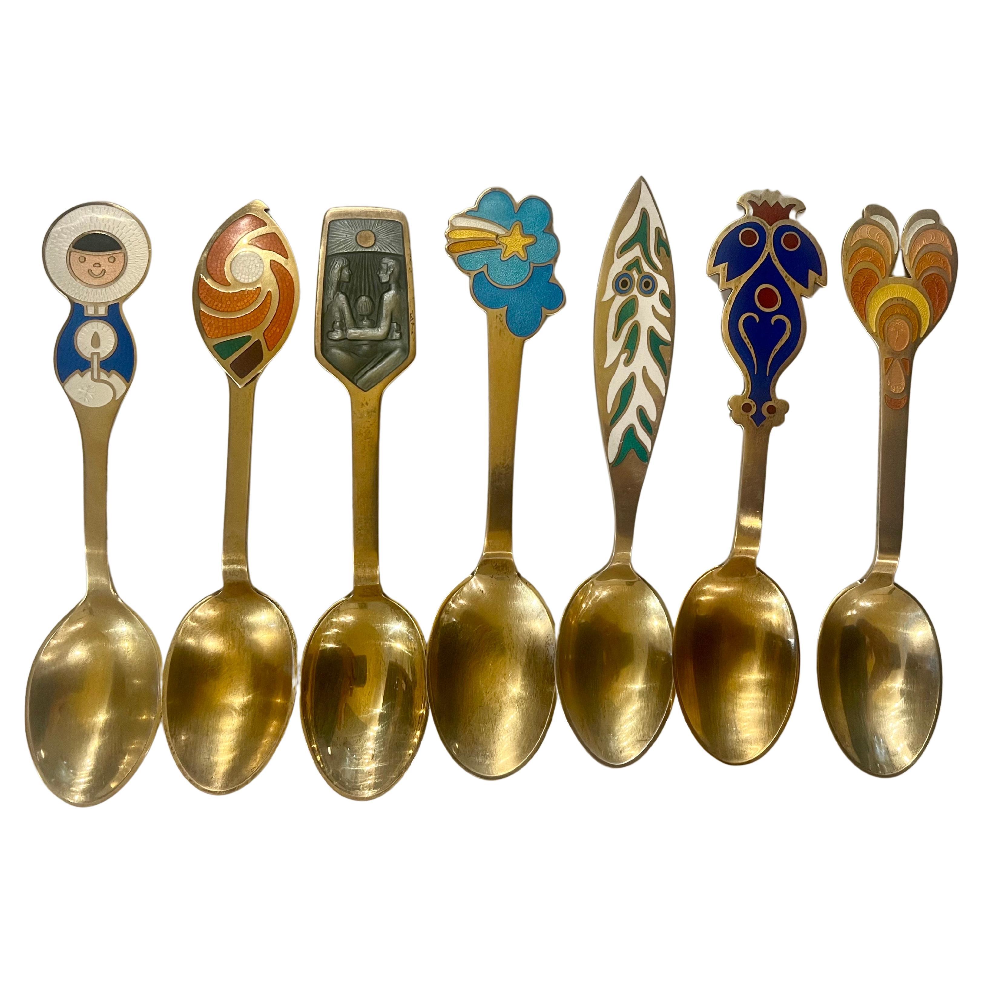 Enameled sterling Silver Collection of 7 Spoons By Bjorn Wiinblad Danish Modern For Sale
