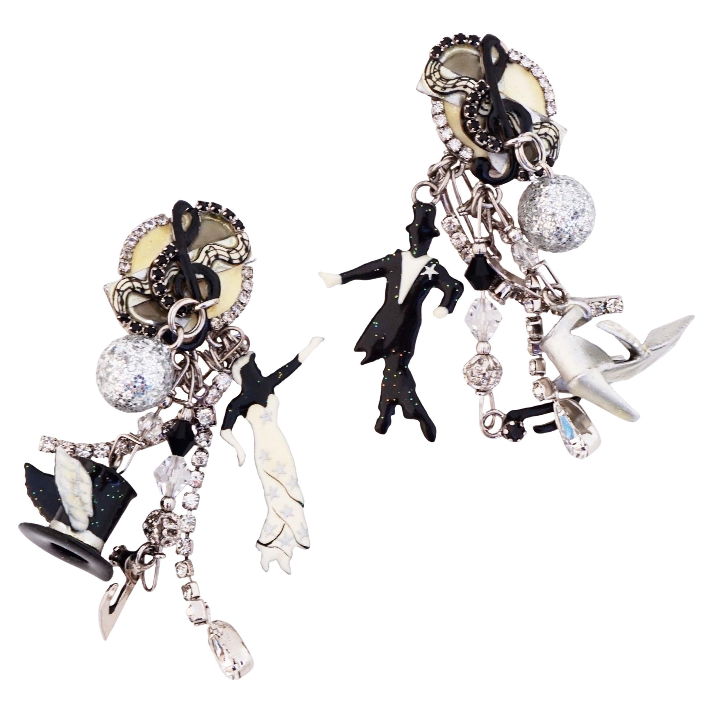 Enameled "Strictly Ballroom" Charm Dangle Earrings By Lunch At The Ritz, 1990s