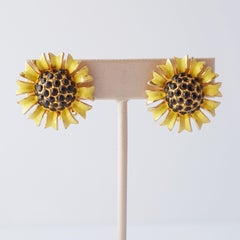 Enameled Sunflower Earrings With Black Crystal Pavé By Weiss, 1960s