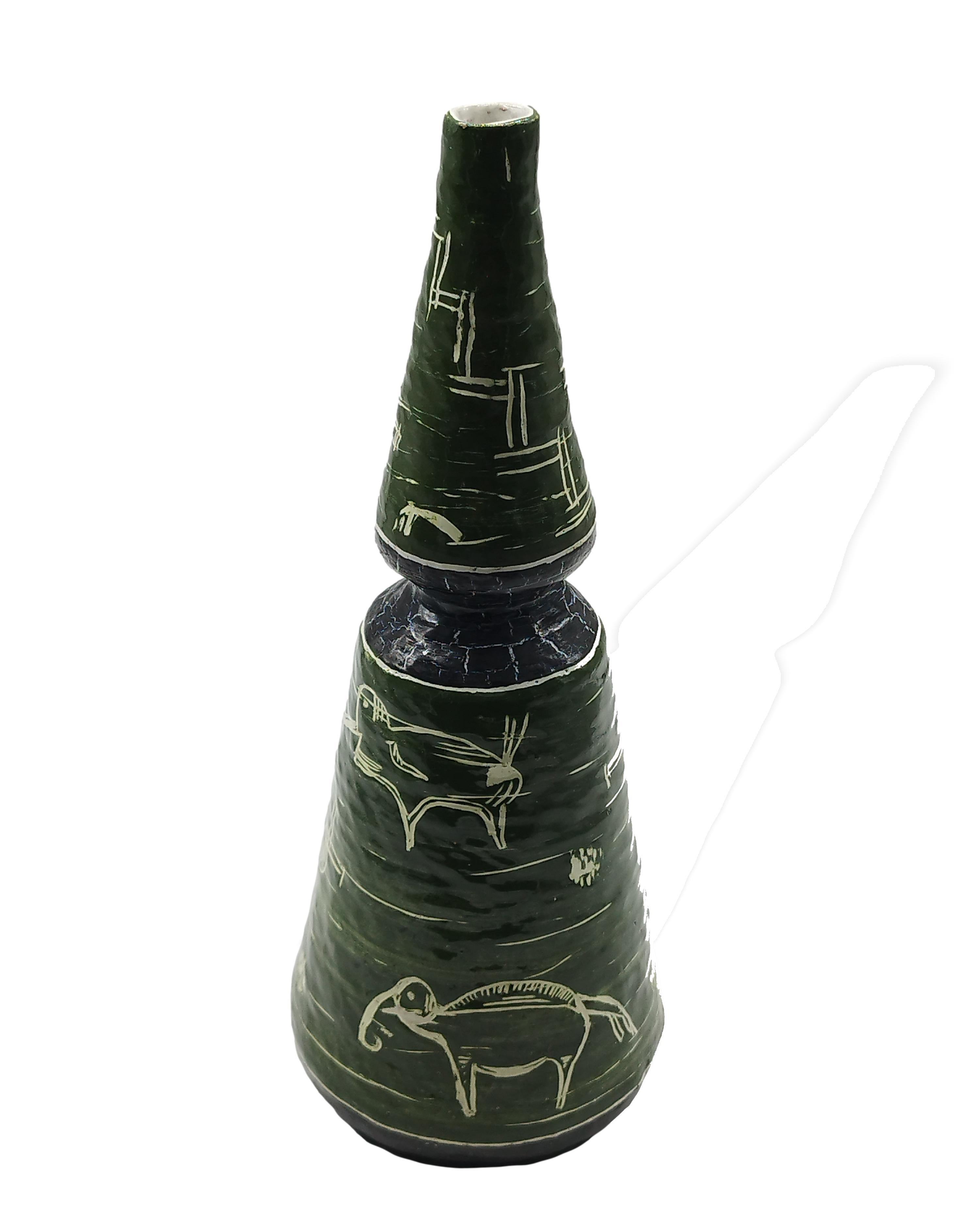 Single-flower vase/bottle in green glazed terracotta decorated with animal graffiti, signed below base G. Brunitto year 1950.