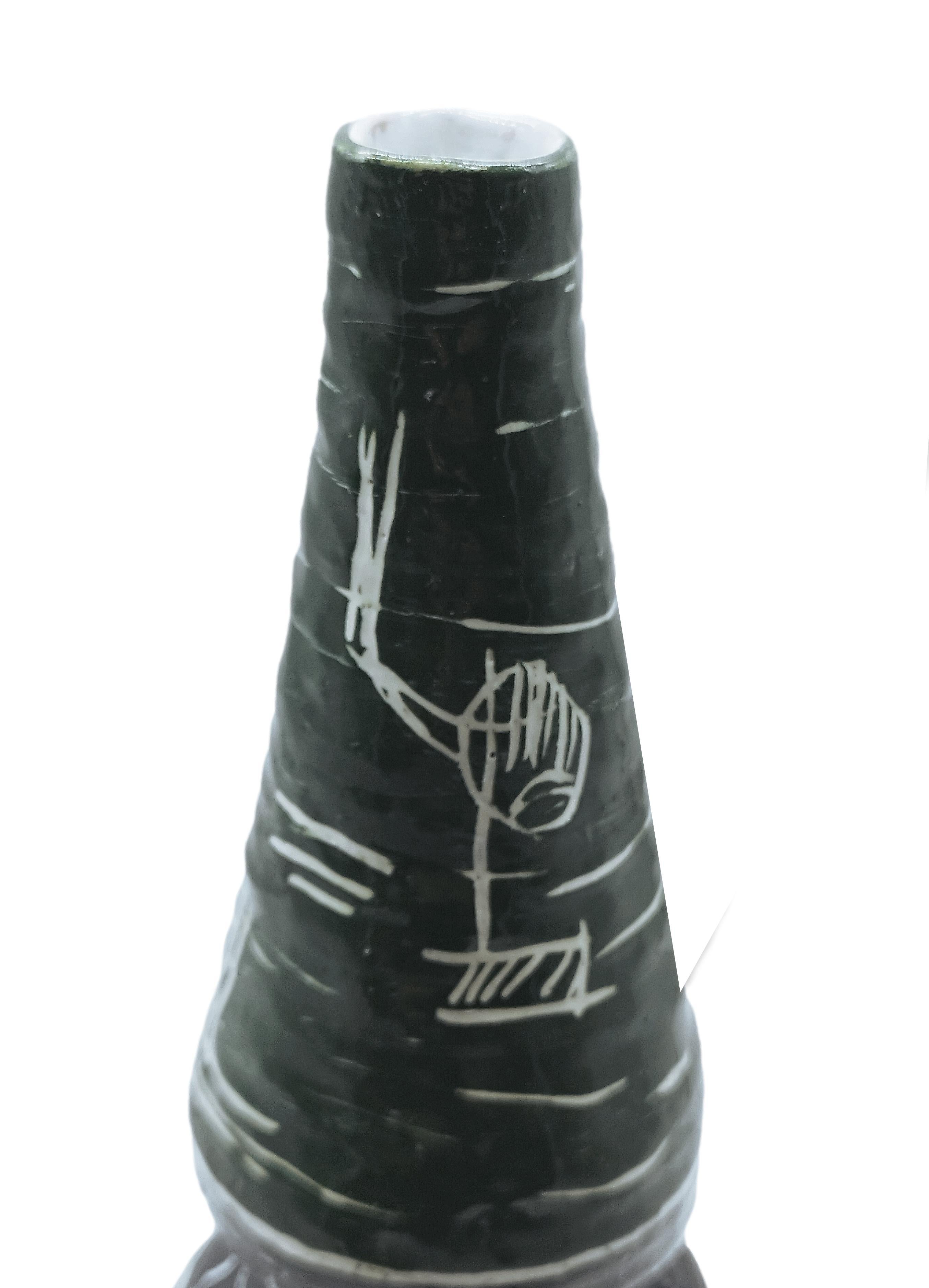 Mid-Century Modern Enameled Terracotta Bottle Signed G. Brunitto, Italy 1950s For Sale