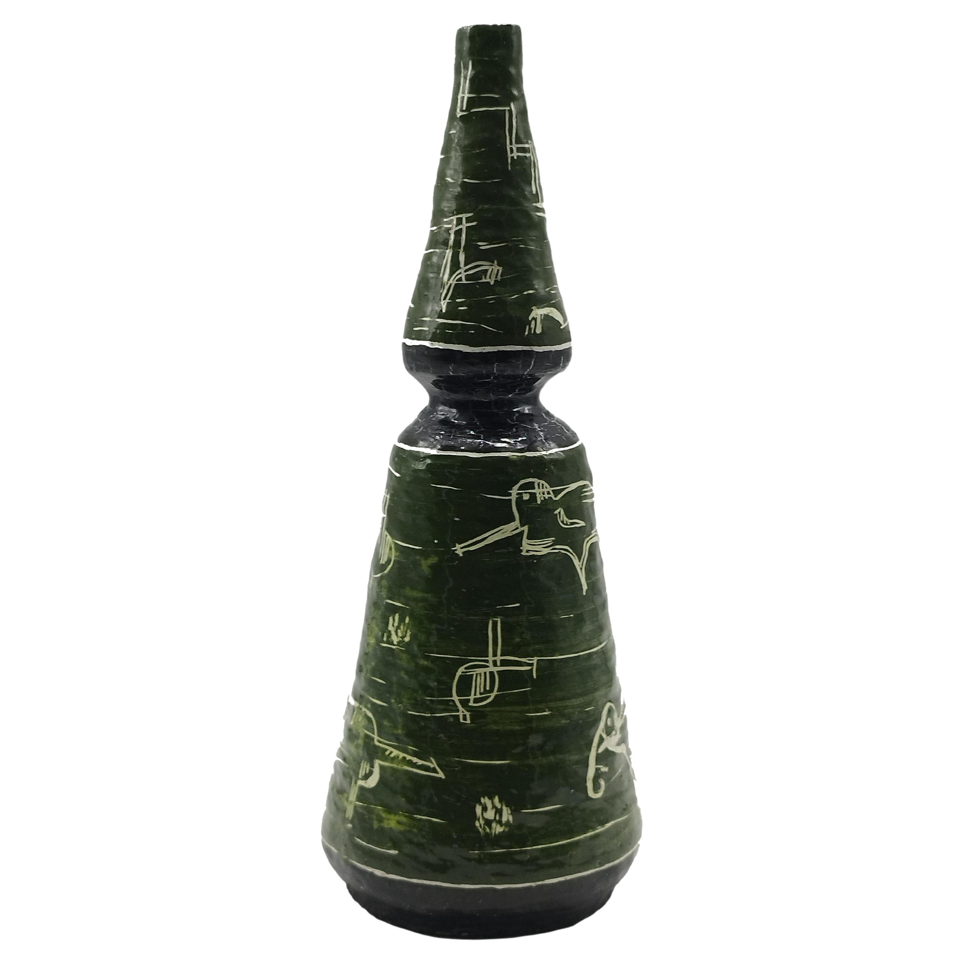 Enameled Terracotta Bottle Signed G. Brunitto, Italy 1950s For Sale