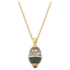 Vintage Enameled Two Tone "Do It Now" Mantra Faberge Egg Pendant Necklace By Joan Rivers