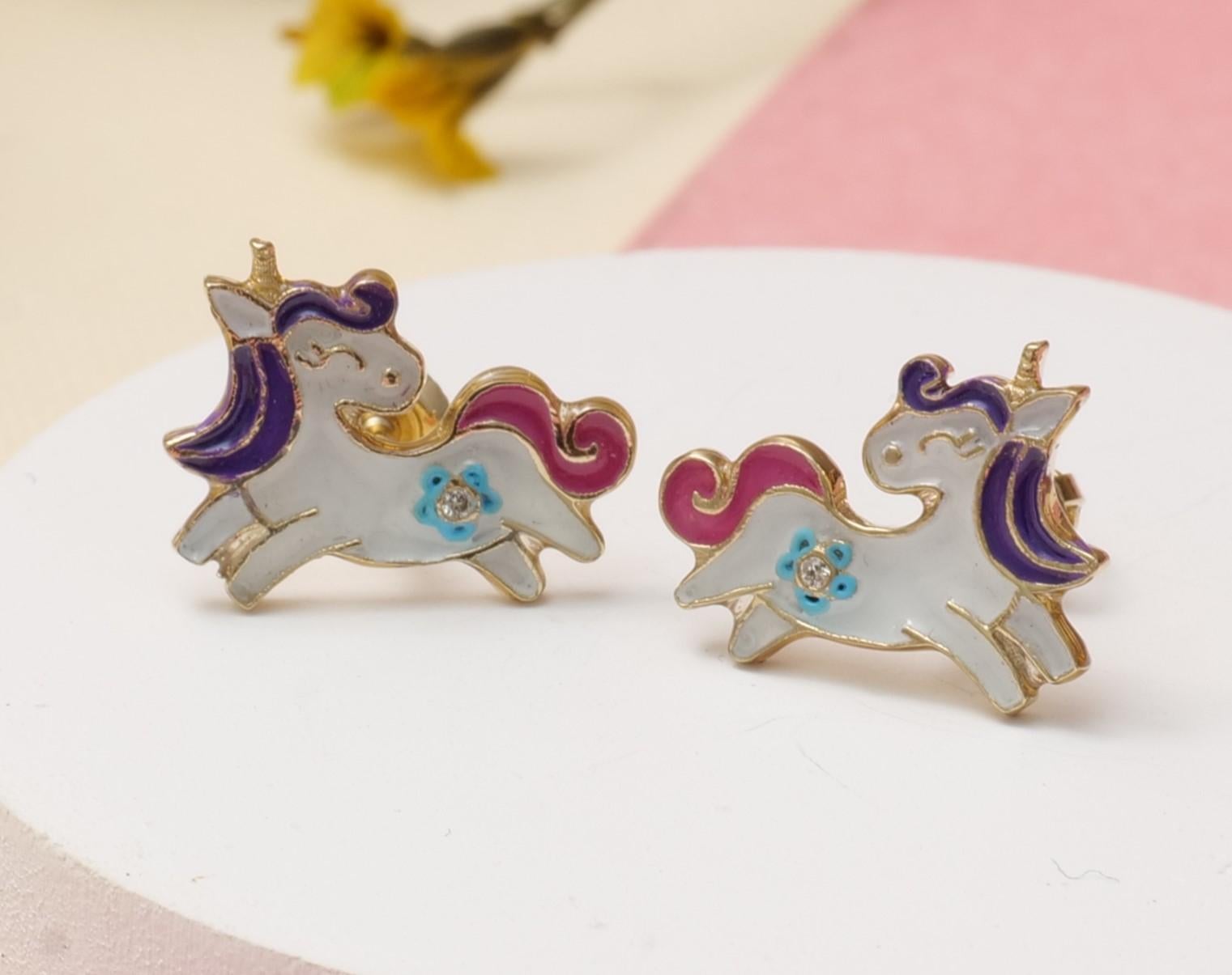 Enameled unicorn diamond earrings for girls, kids, and toddlers in 18K solid gold bring a magical and whimsical charm to little ears. Meticulously crafted, these enchanting earrings feature a delightful unicorn design adorned with colorful enamel,