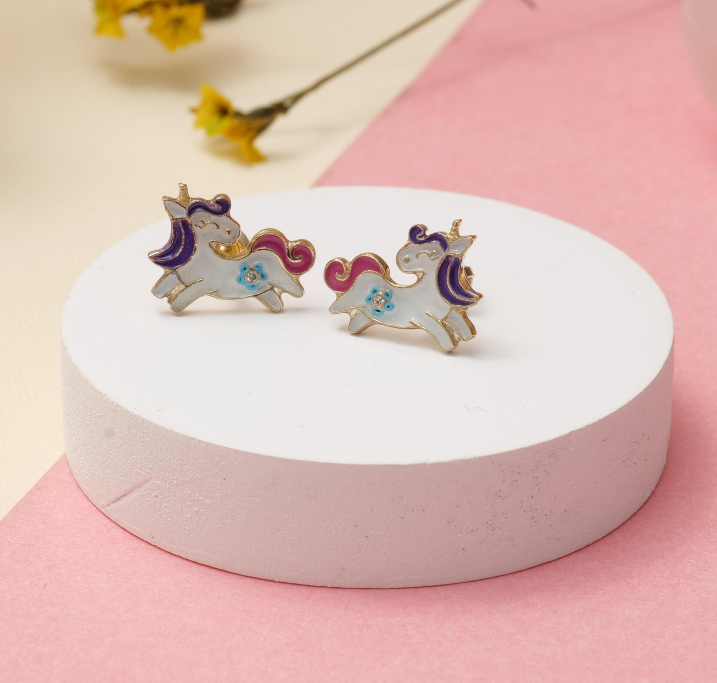 Art Deco Enameled Unicorn Diamond Earrings for Girls/Kids/Toddlers in 18K Solid Gold For Sale