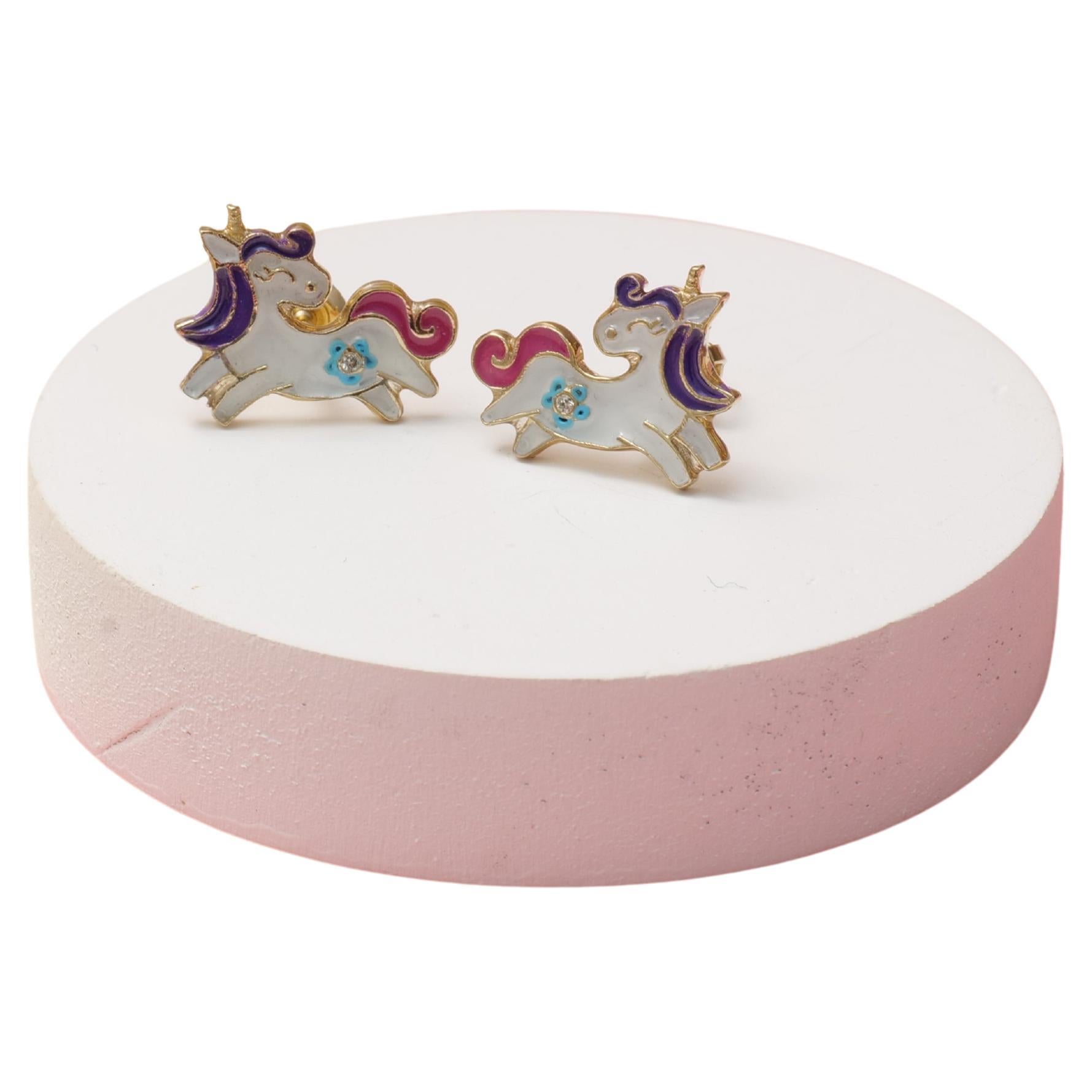 Enameled Unicorn Diamond Earrings for Girls/Kids/Toddlers in 18K Solid Gold For Sale