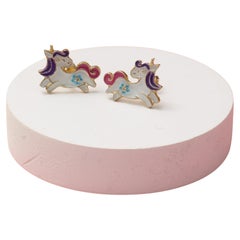 Enameled Unicorn Diamond Earrings for Girls/Kids/Toddlers in 18K Solid Gold
