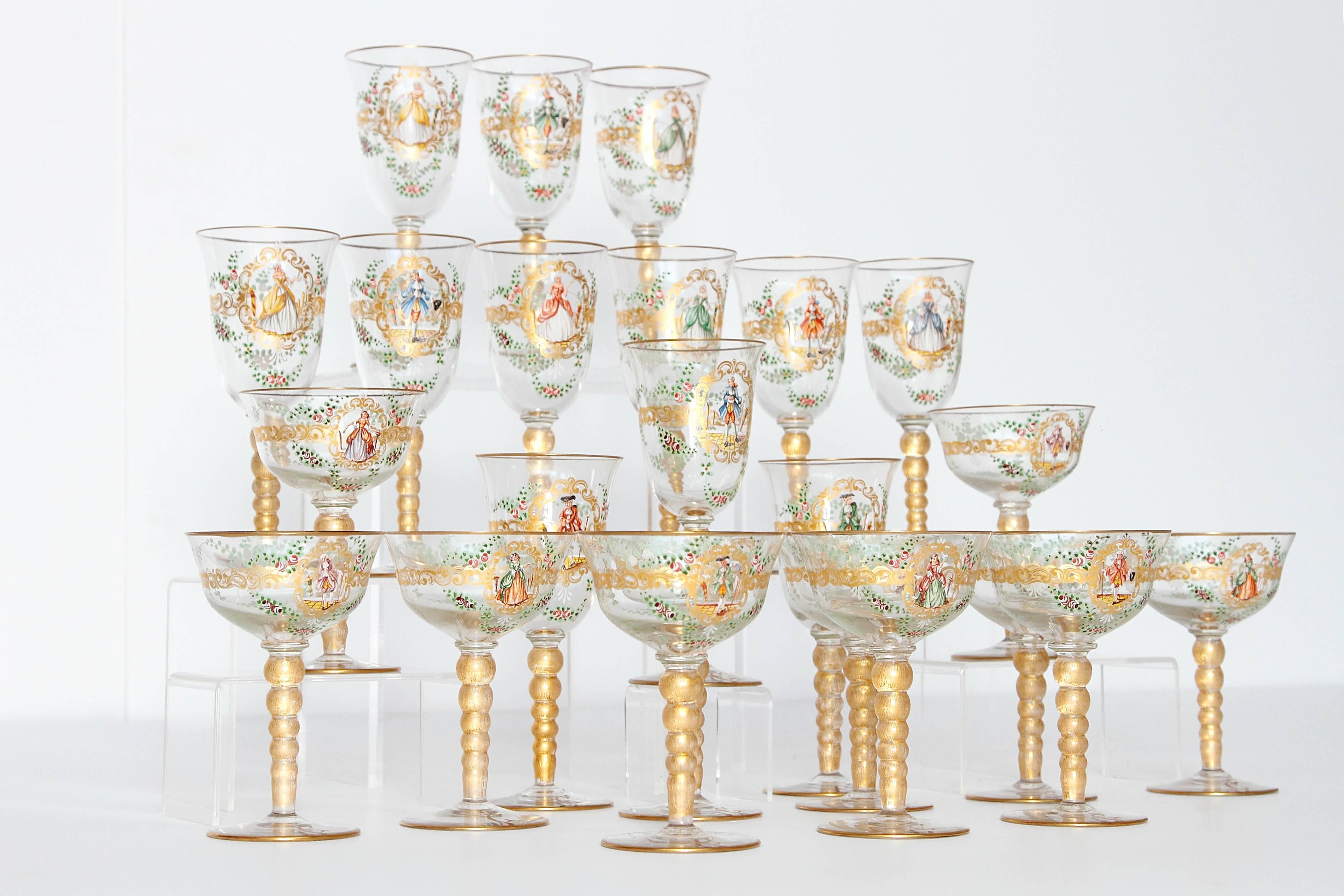 Renaissance Revival Enameled Venetian Glass Stemware or Group of 23 Pieces