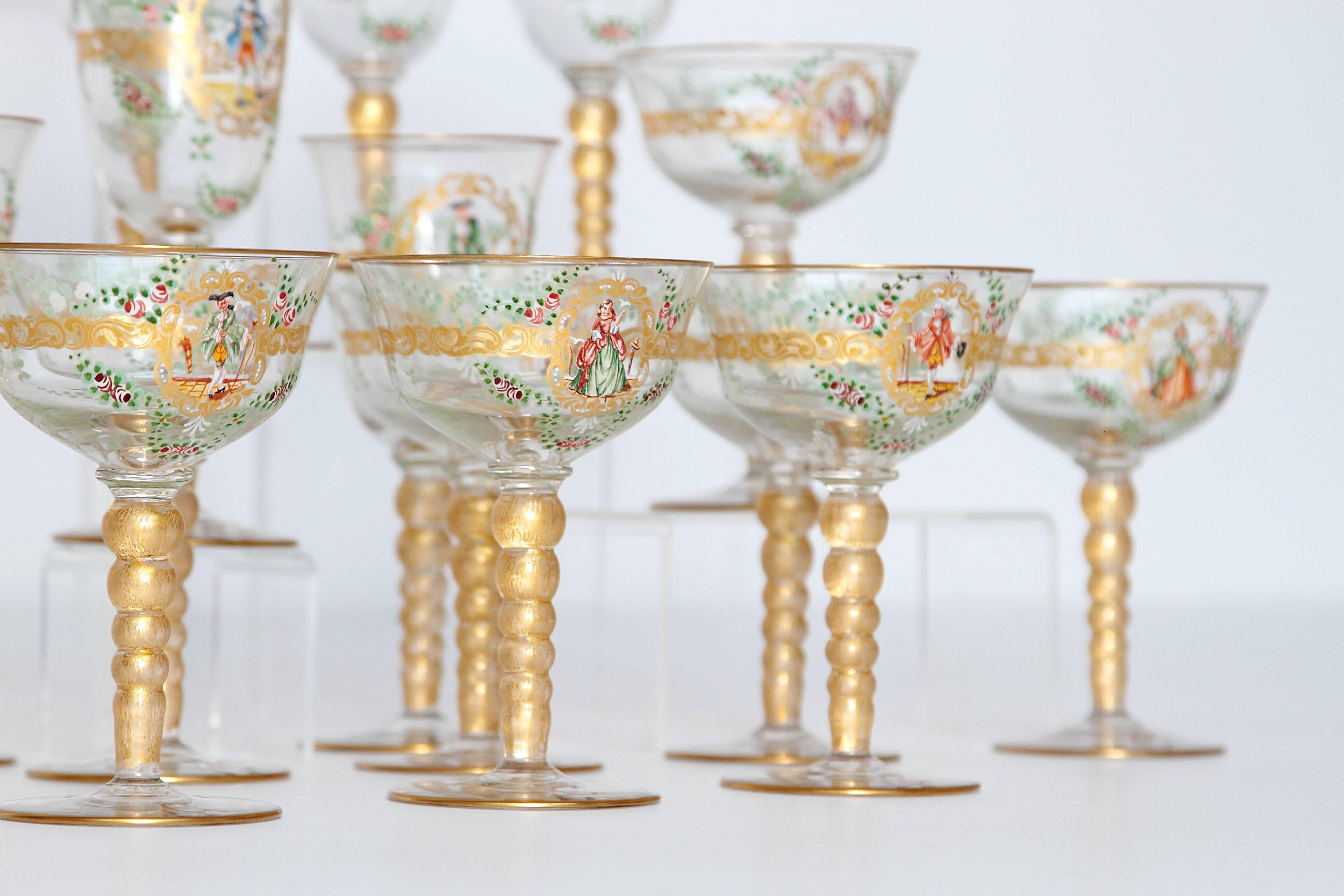 Italian Enameled Venetian Glass Stemware or Group of 23 Pieces