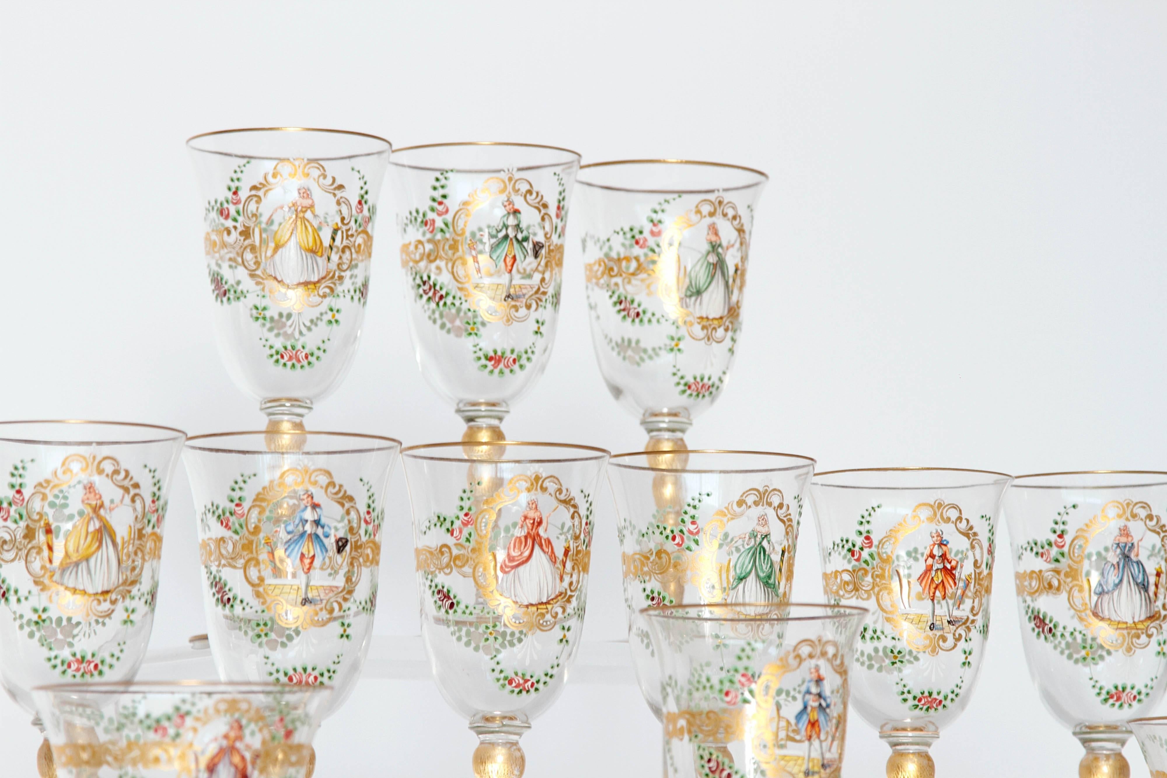 Hand-Painted Enameled Venetian Glass Stemware or Group of 23 Pieces