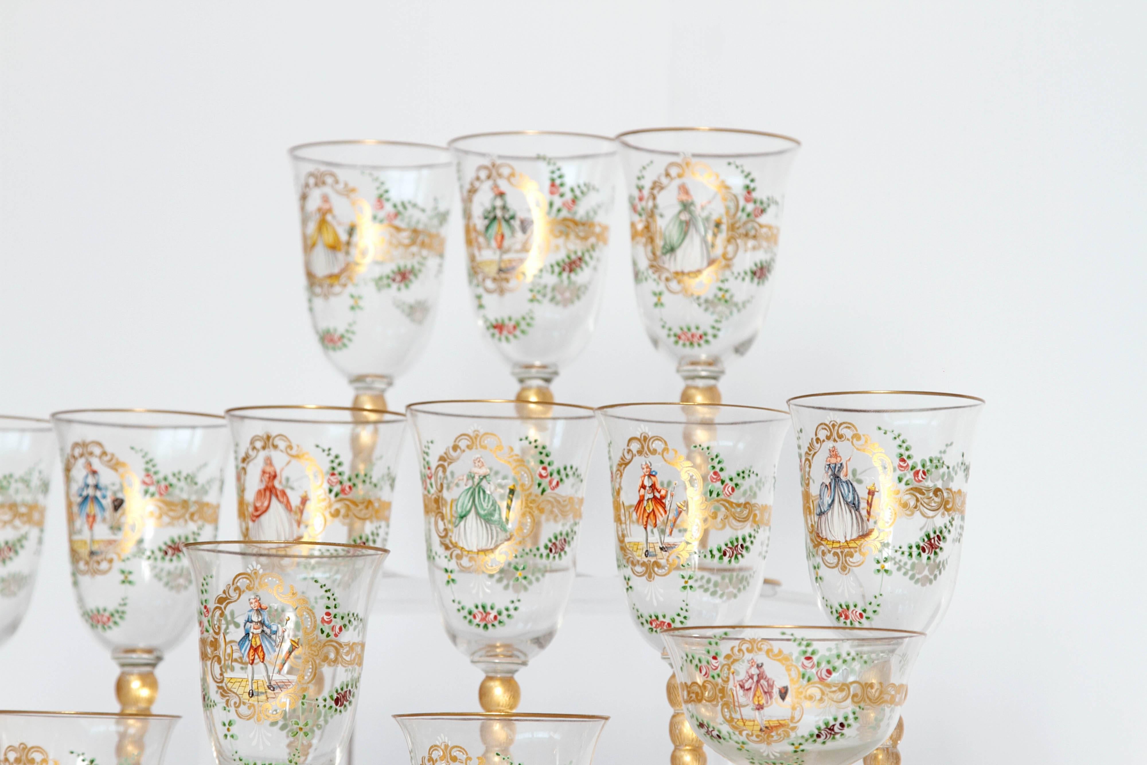 20th Century Enameled Venetian Glass Stemware or Group of 23 Pieces
