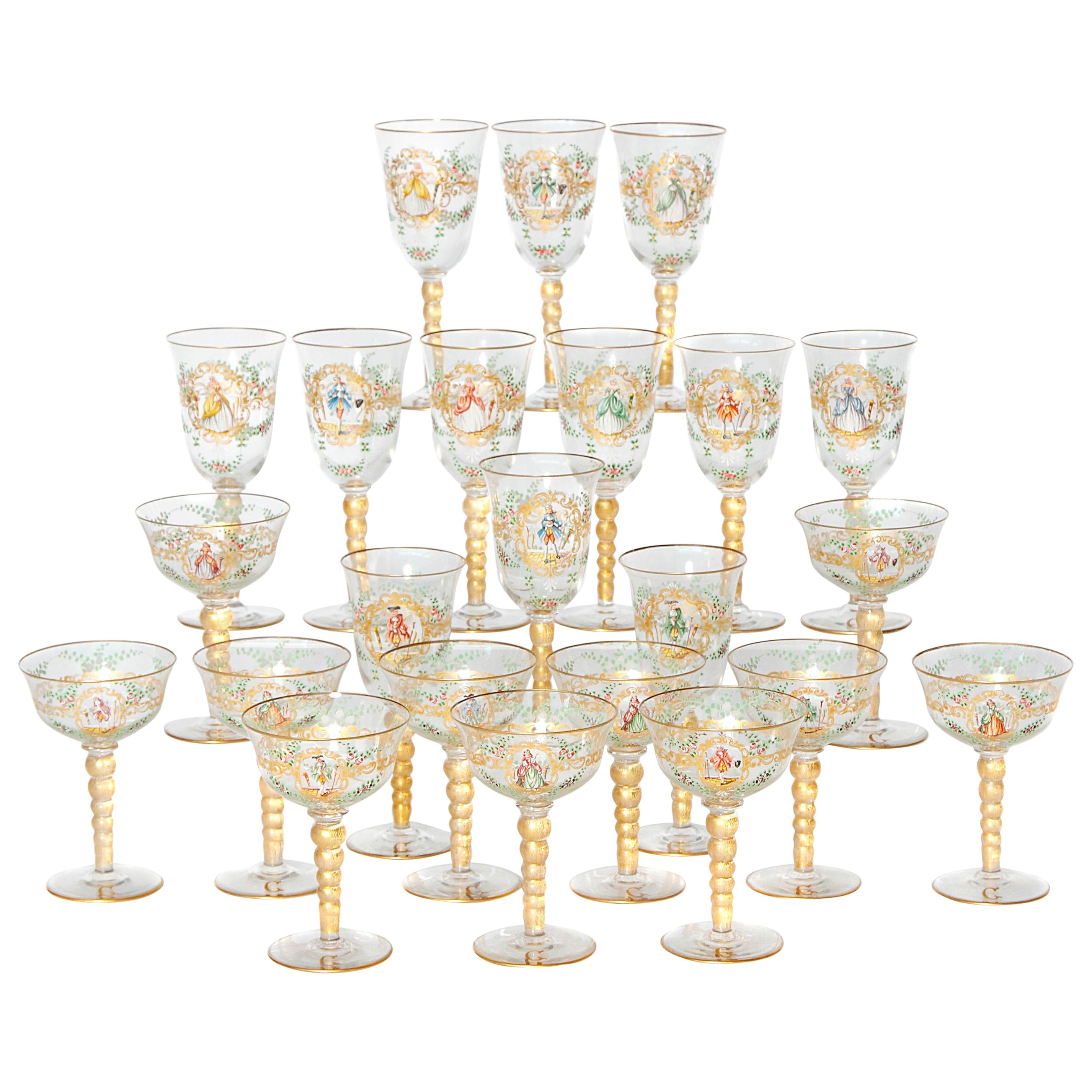 Enameled Venetian Glass Stemware or Group of 23 Pieces