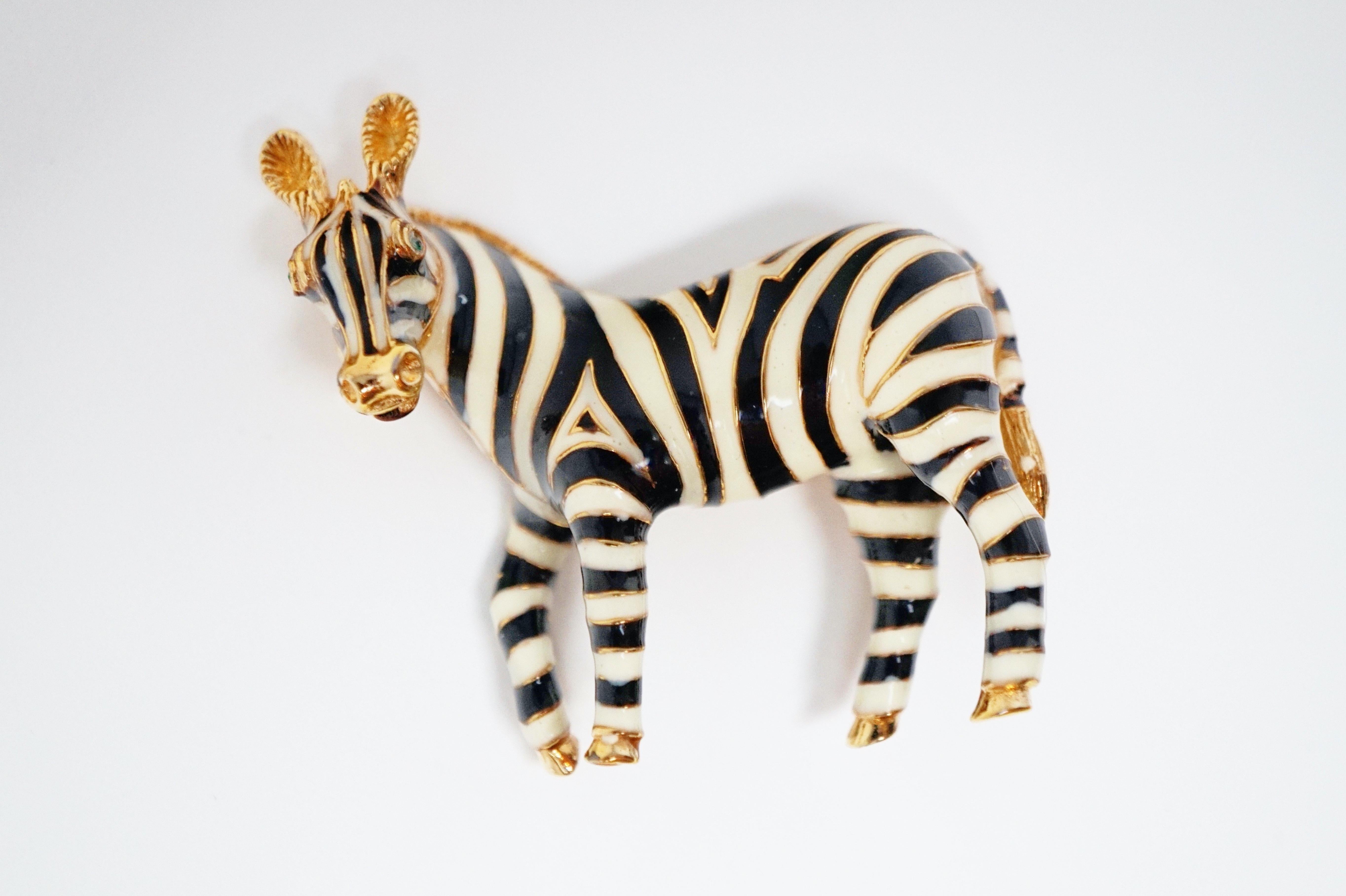 Enameled Zebra Brooch by Ciner, Signed In Excellent Condition In McKinney, TX