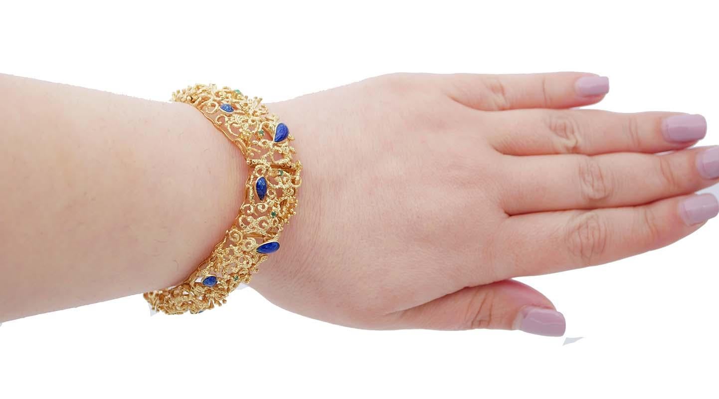 Round Cut Enamel, Emeralds, 18 Karat Yellow Gold Retrò Bracelet For Sale