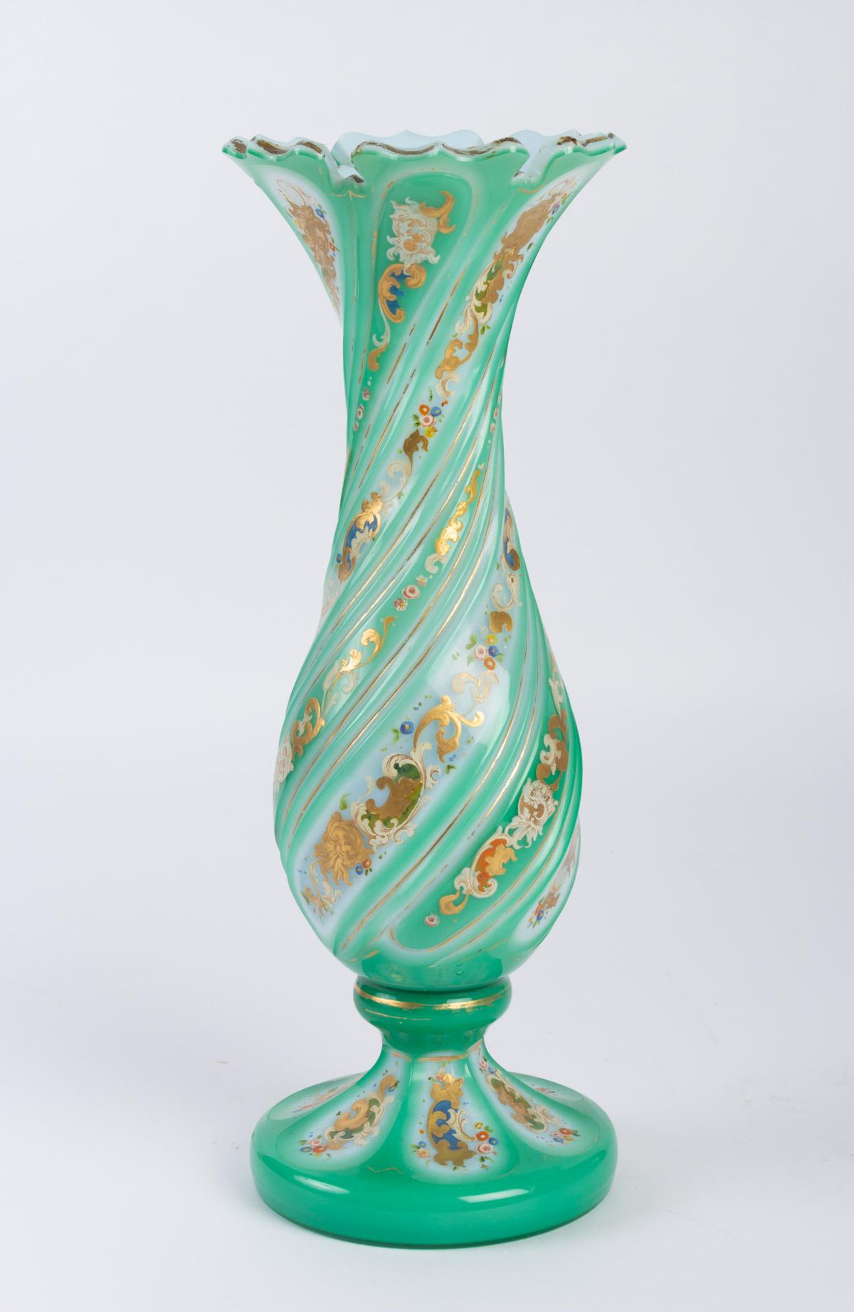 Opaline Glass Enameled and Gilded Opaline Vase