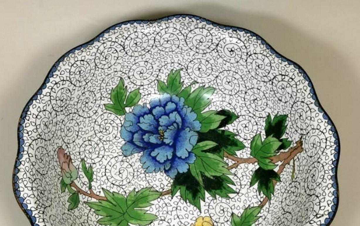 China Enameled Cloisonné Bowl with Blue and Yellow Peonies  4