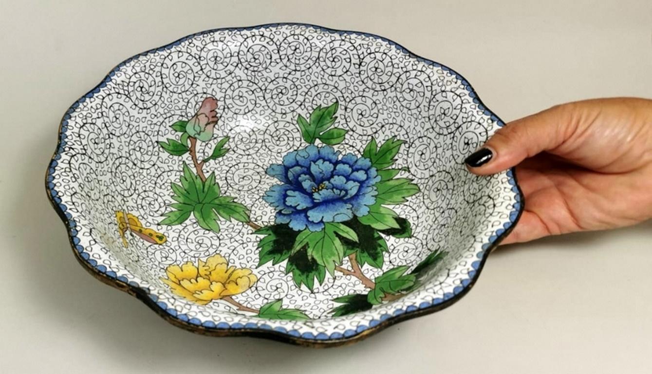China Enameled Cloisonné Bowl with Blue and Yellow Peonies  8