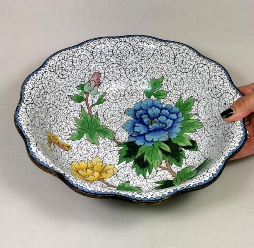 China Enameled Cloisonné Bowl with Blue and Yellow Peonies  9