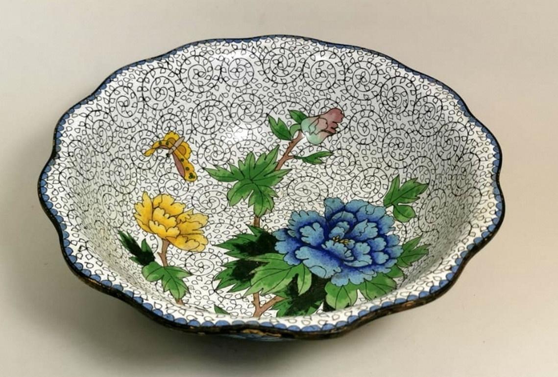 Chinese Export China Enameled Cloisonné Bowl with Blue and Yellow Peonies 