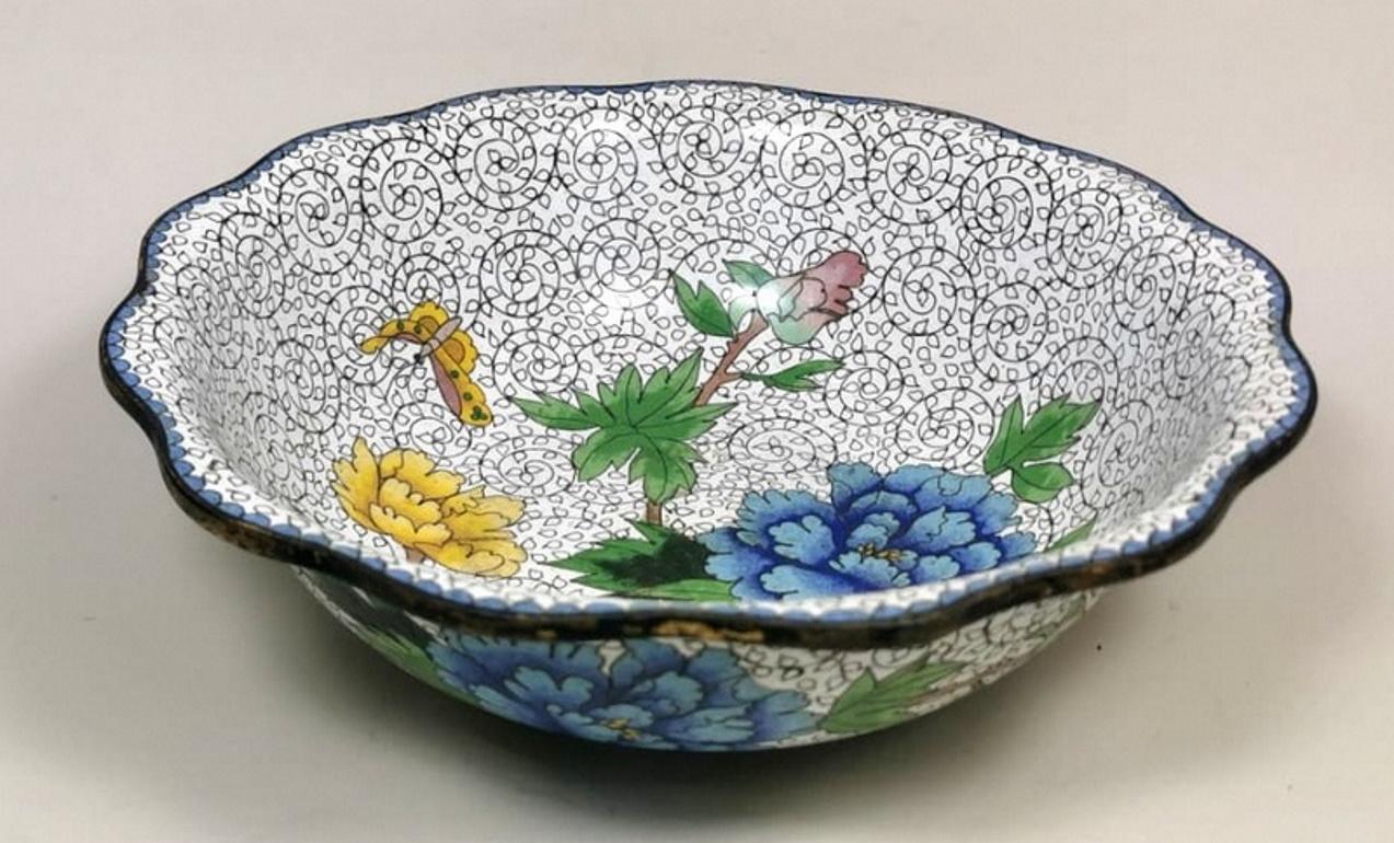 Chinese China Enameled Cloisonné Bowl with Blue and Yellow Peonies 