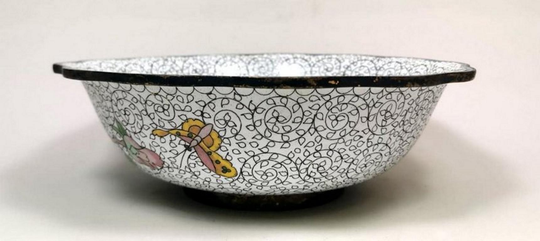 20th Century China Enameled Cloisonné Bowl with Blue and Yellow Peonies 