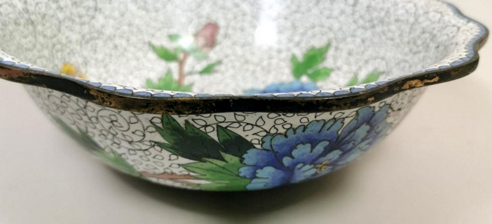 Brass China Enameled Cloisonné Bowl with Blue and Yellow Peonies 