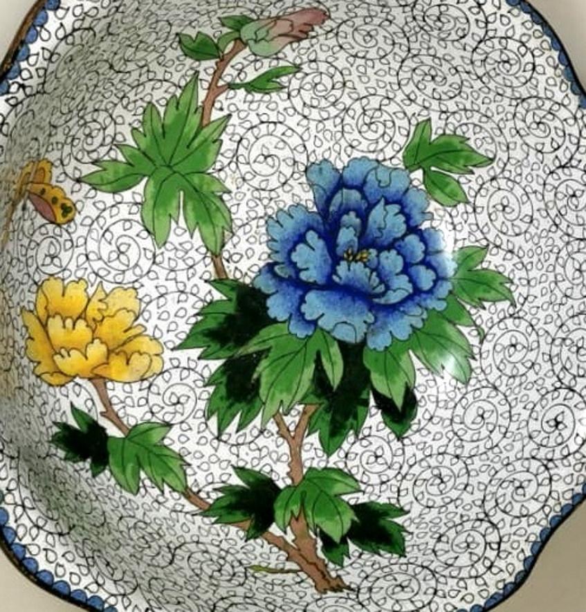 China Enameled Cloisonné Bowl with Blue and Yellow Peonies  2