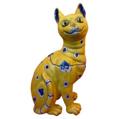Antique Enamelled Earthenware Tobacco Jar Representing a Cat by Emile Galle 19th Century