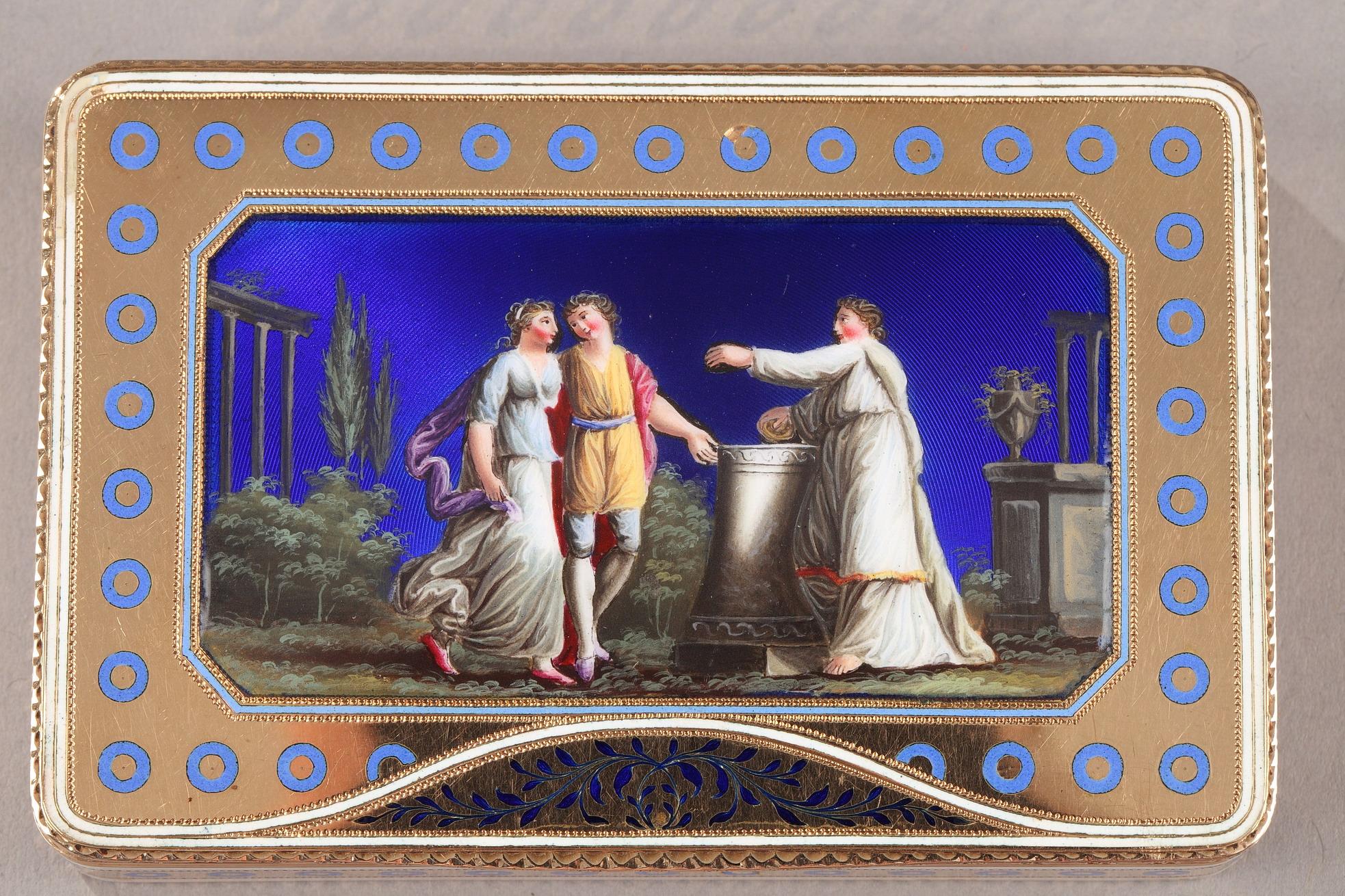 Enamelled gold Swiss box. Late 18th century.  In Good Condition For Sale In Paris, FR