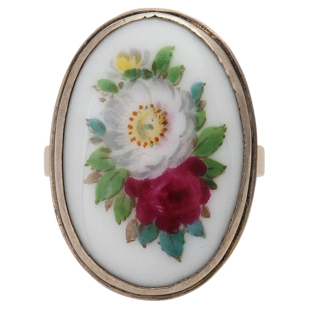 Enamelled Ladies' Ring Attached Ring Head with Floral Decoration