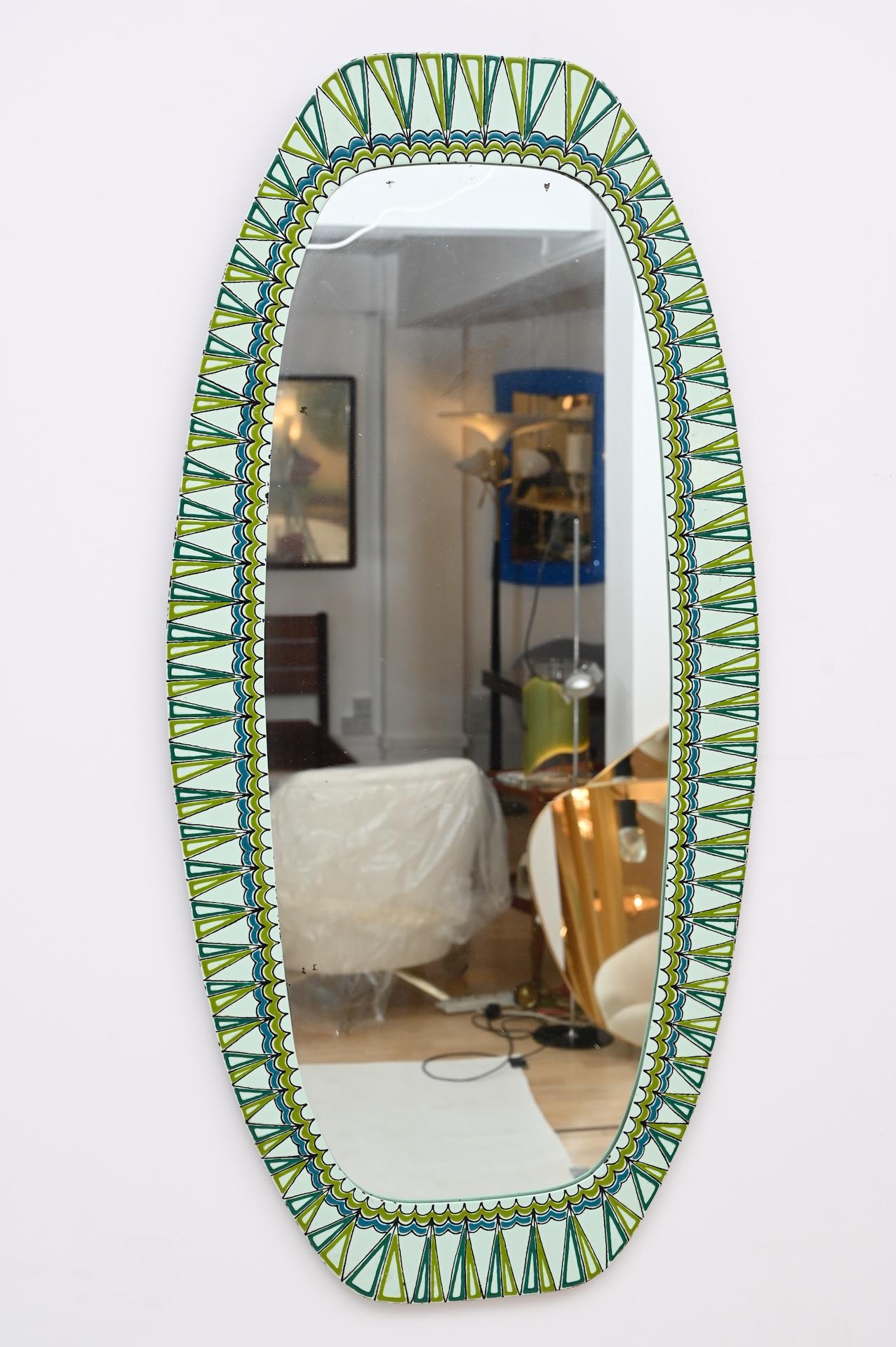 Decorative enameled mirror in shades of green, blue and black.