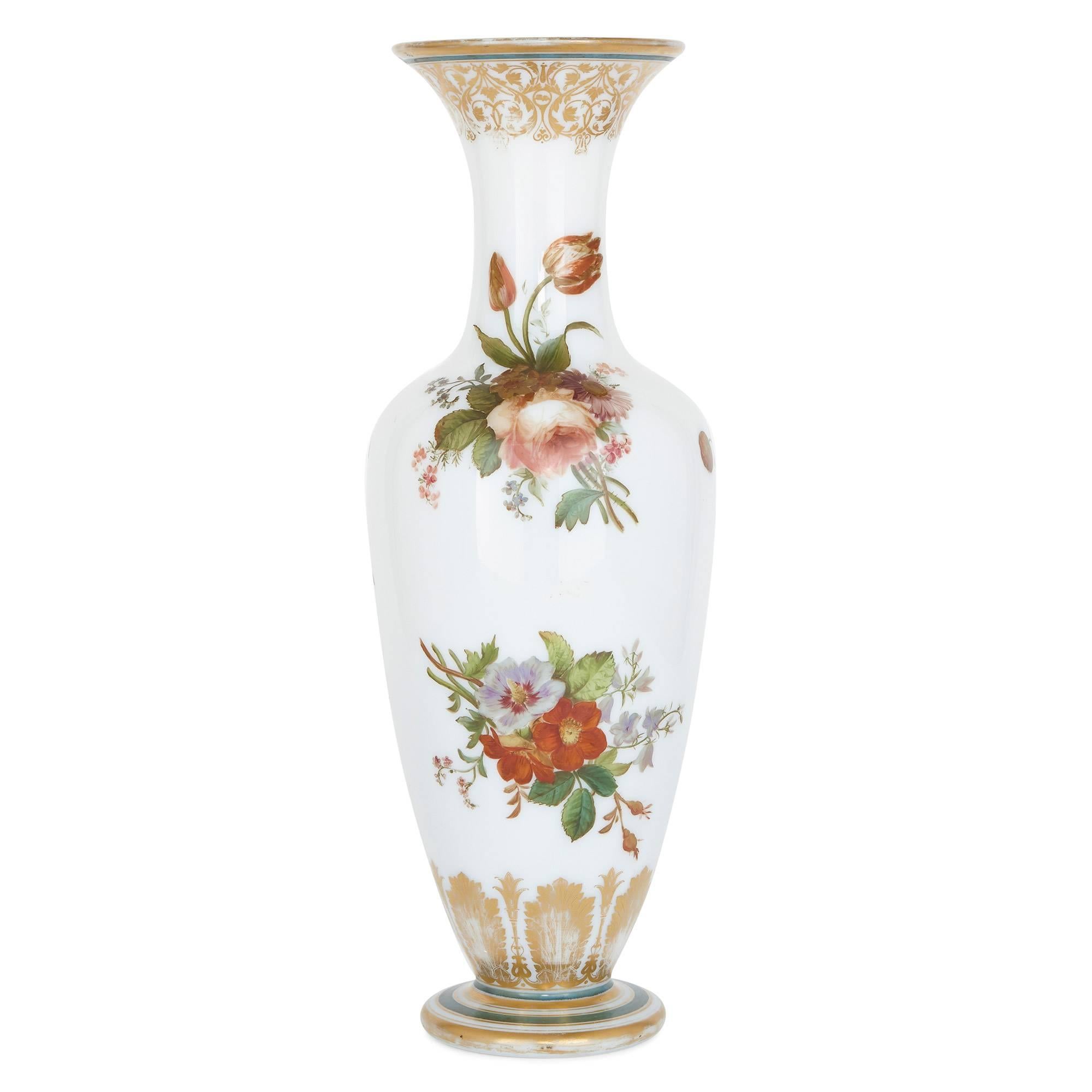 Prestigious French glassmakers Baccarat - responsible for some of the most beautiful glassware of the 19th century - were the manufacturers behind this stunning enamel-painted opaline glass vase. More specifically, it is likely that the enamelist