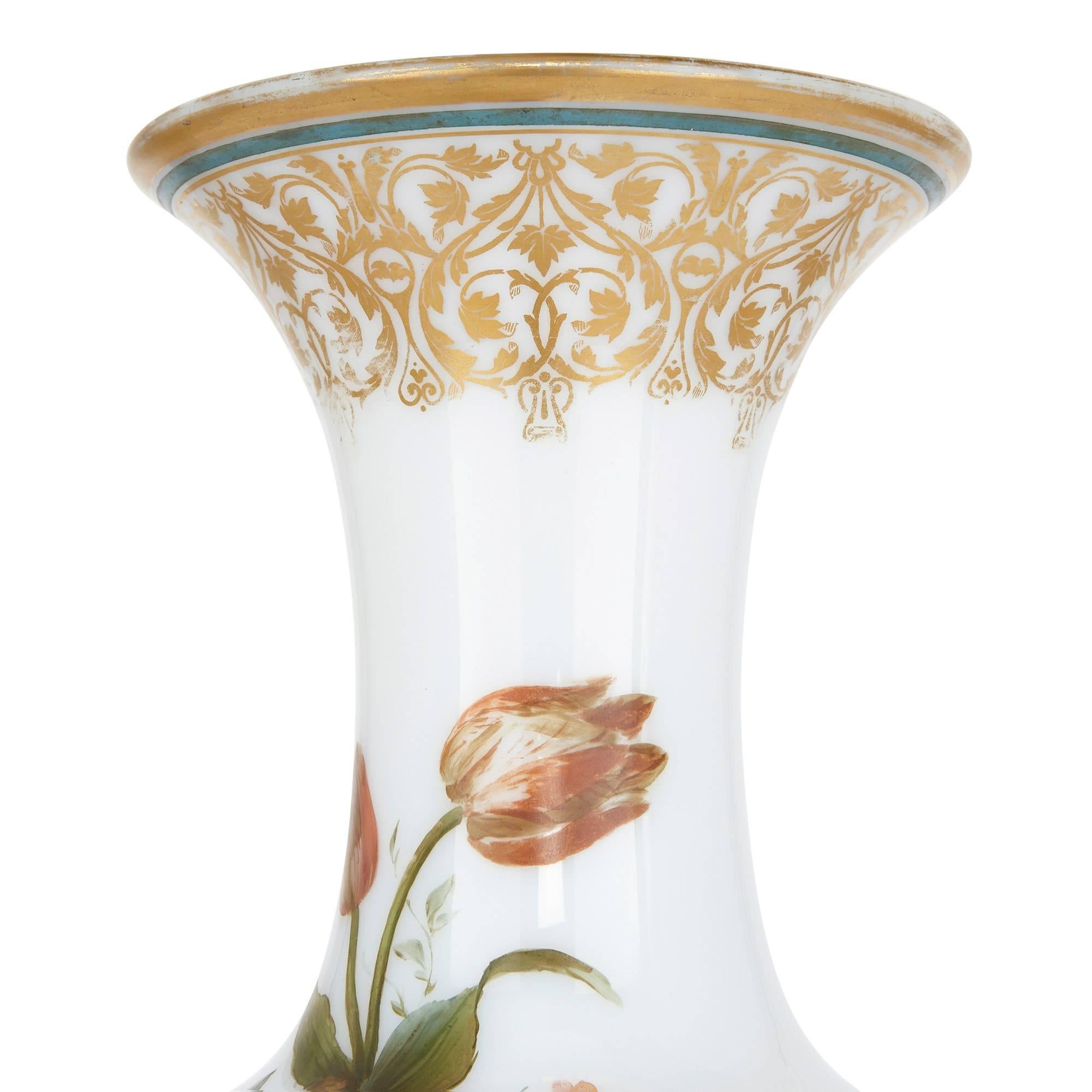 Belle Époque Enamelled Opaline Floral Glass Vase by Baccarat