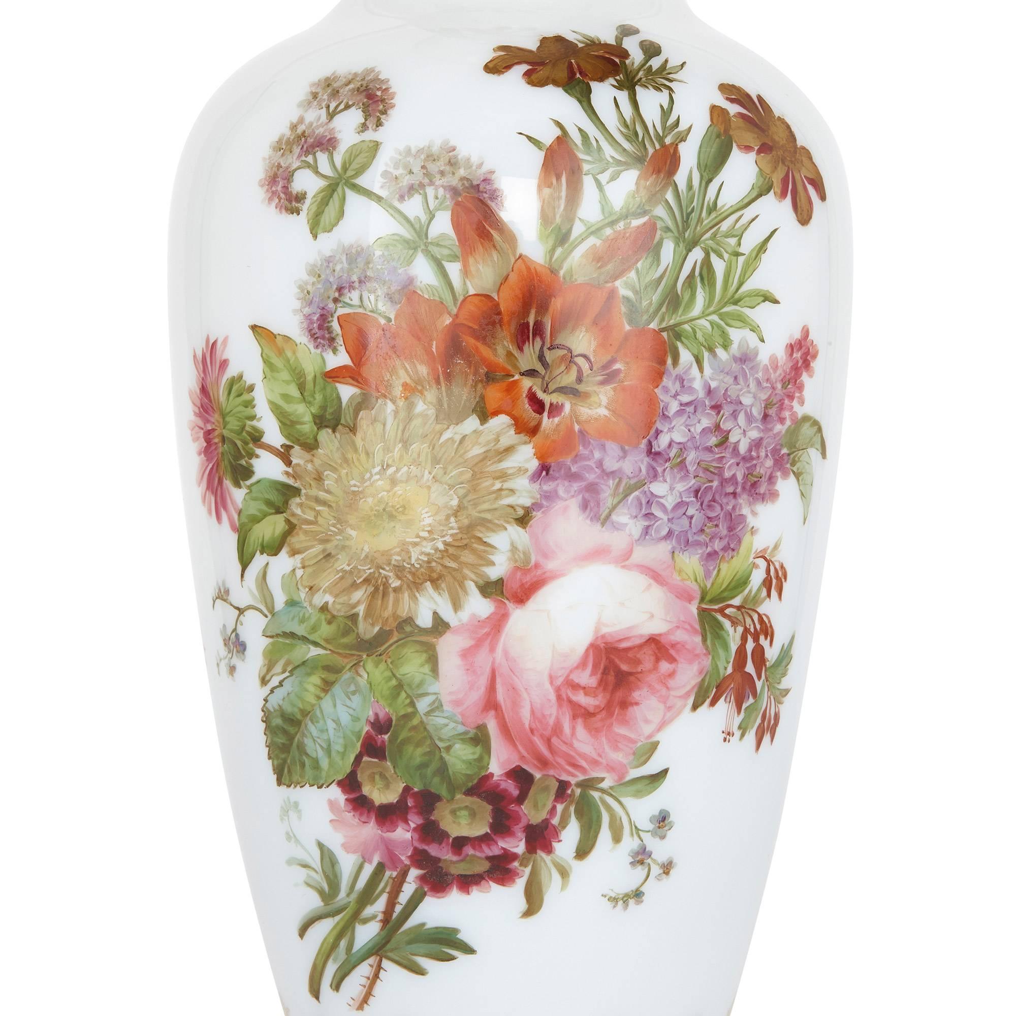 French Enamelled Opaline Floral Glass Vase by Baccarat