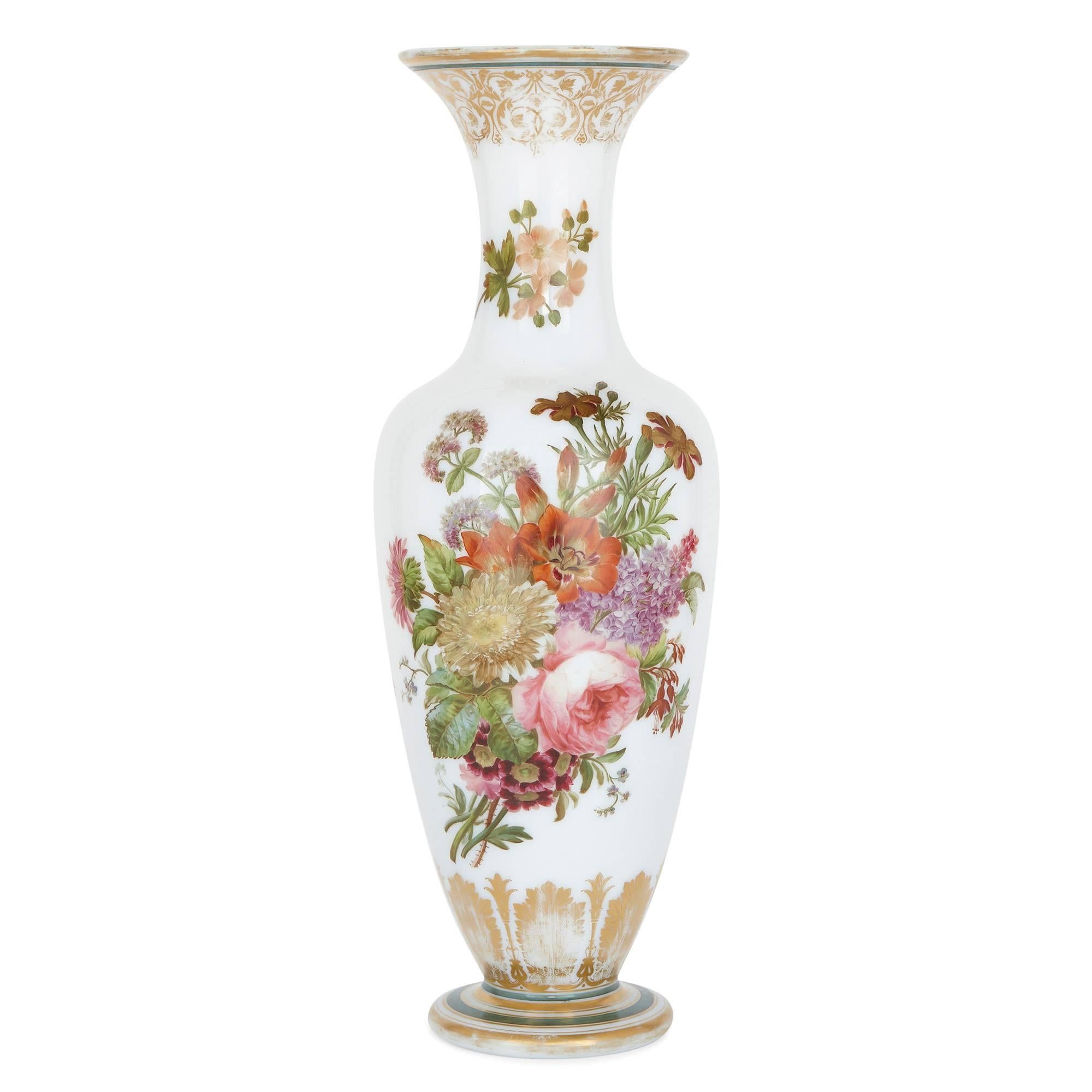Enamelled Opaline Floral Glass Vase by Baccarat