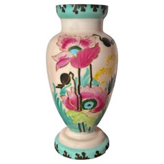 Antique French Art Nouveau Pink Opaline Glass Vase with Enamelled Poppies, c. 1896
