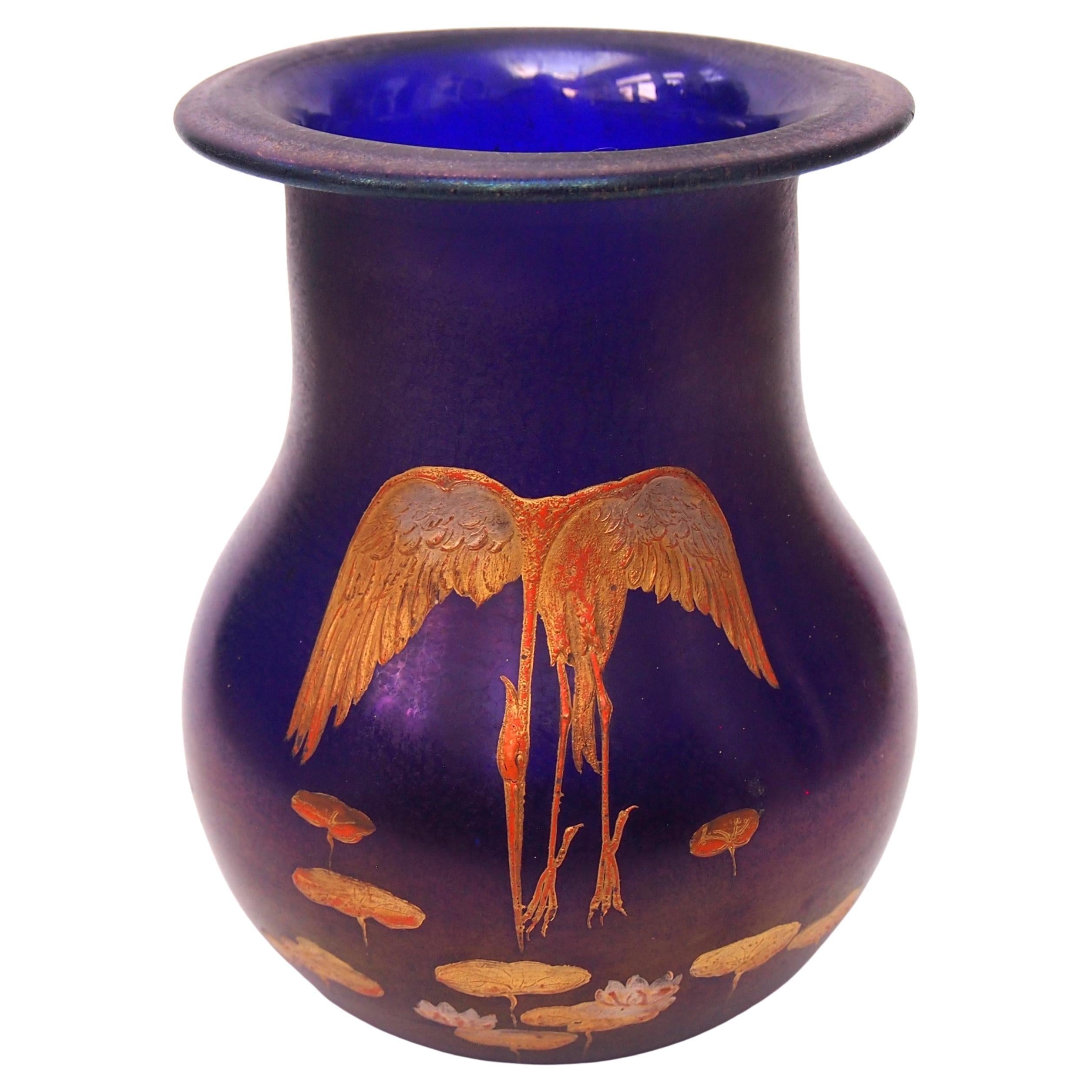 Enamelled Poschinger blue glass vase decorated with a stork over a lily pond For Sale