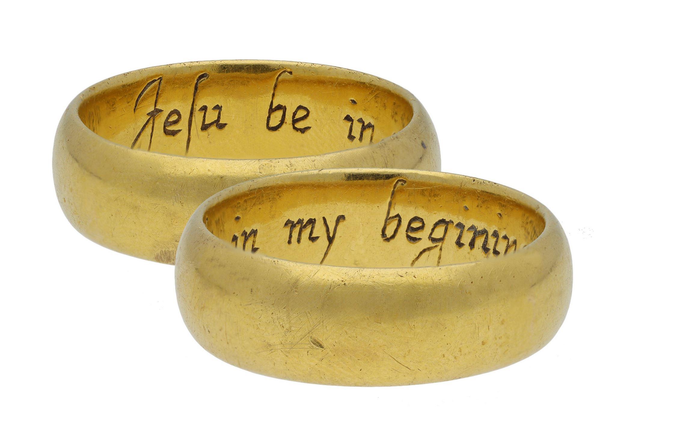 Enamelled posy ring, 'Jesu be in my begininge'. The broad D-shape band engraved to the interior in italic script and enamelled 'Jesu be in my begininge'. Tested yellow gold, approximately 11.09 grams in weight, English, 17th century.