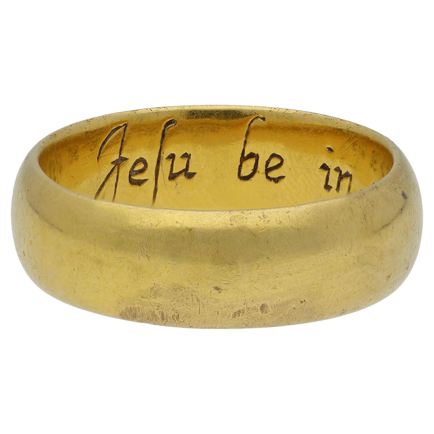 Enamelled posy ring, 'Jesu be in my begininge', 17th century.