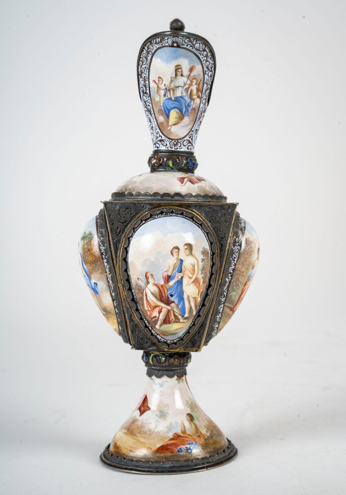 French Enamelled Silver Ewer, 19th Century, Napoleon III Period. For Sale