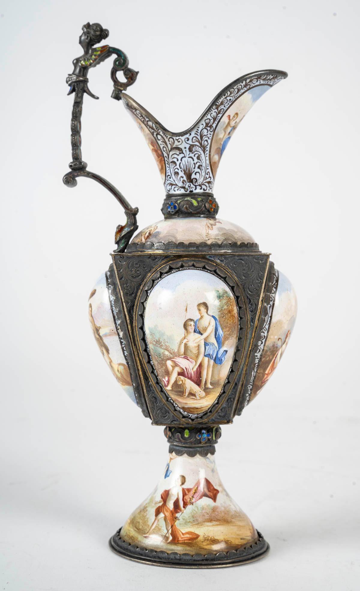 Enameled Enamelled Silver Ewer, 19th Century, Napoleon III Period. For Sale