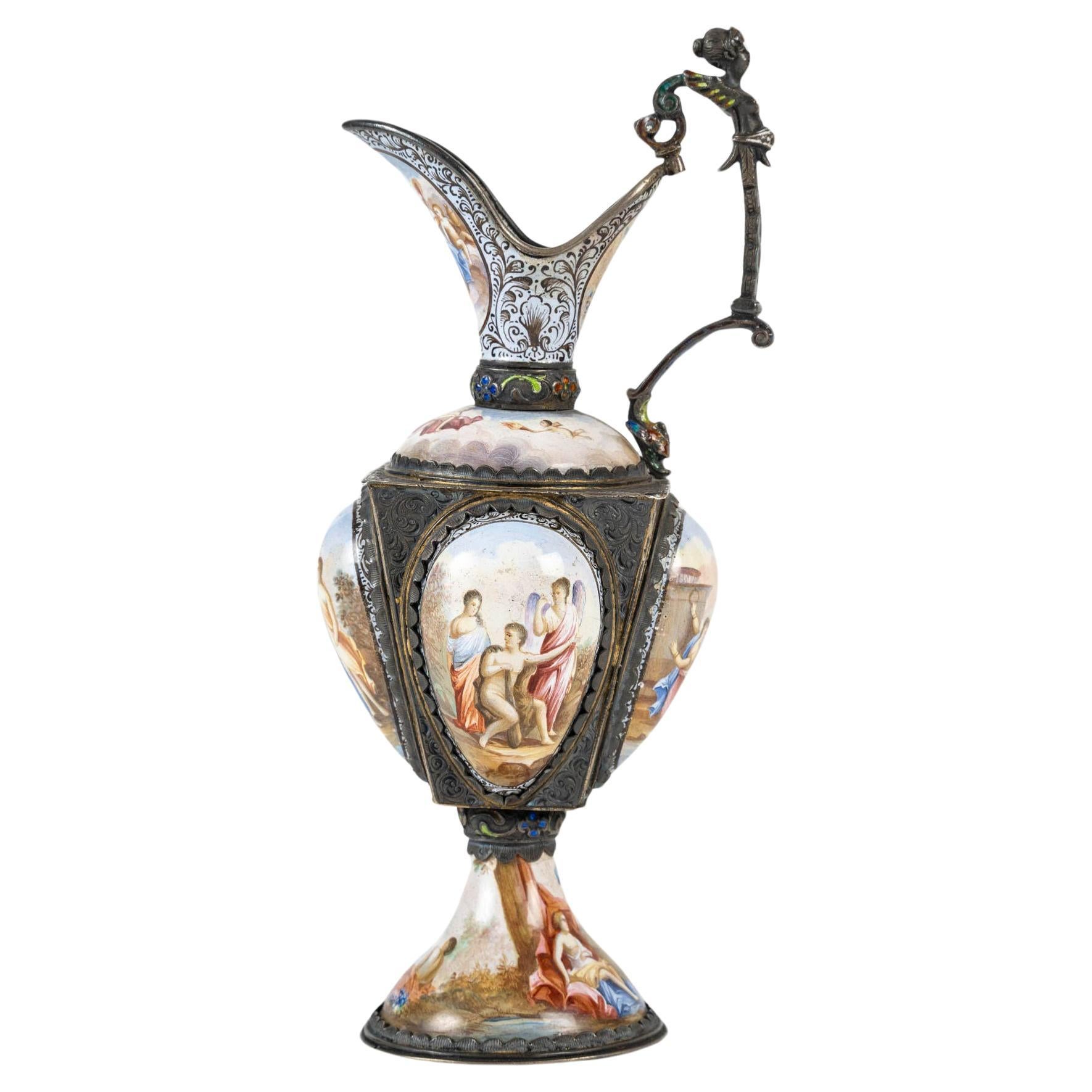 Enamelled Silver Ewer, 19th Century, Napoleon III Period. For Sale