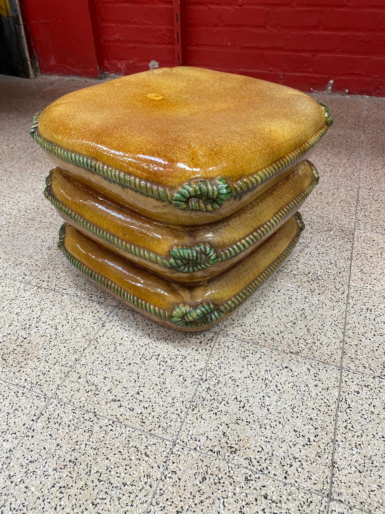 Enameled Enamelled Terracotta Stool with Cushions Decoration, circa 1970 