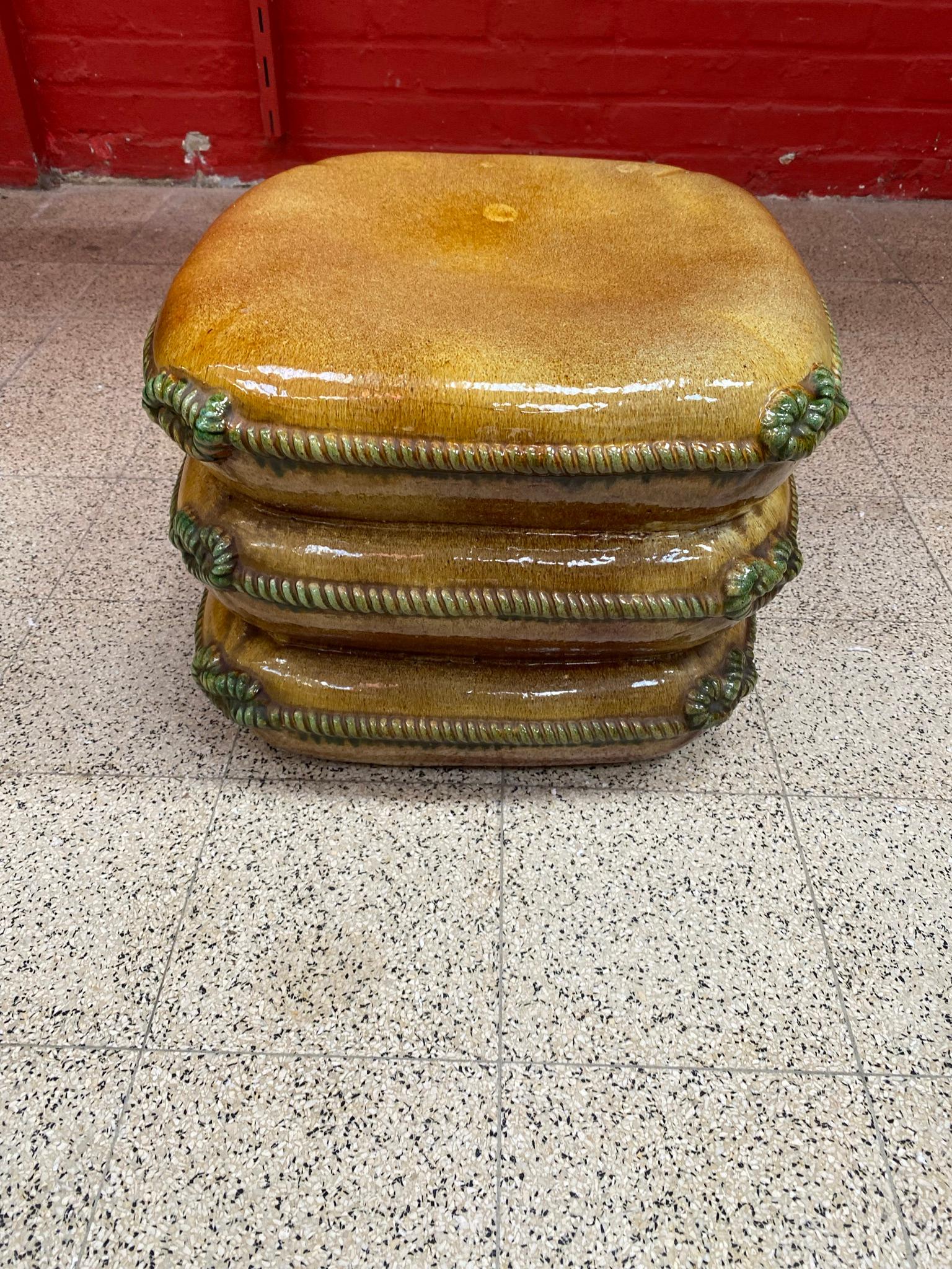 Enamelled Terracotta Stool with Cushions Decoration, circa 1970  In Good Condition In Saint-Ouen, FR