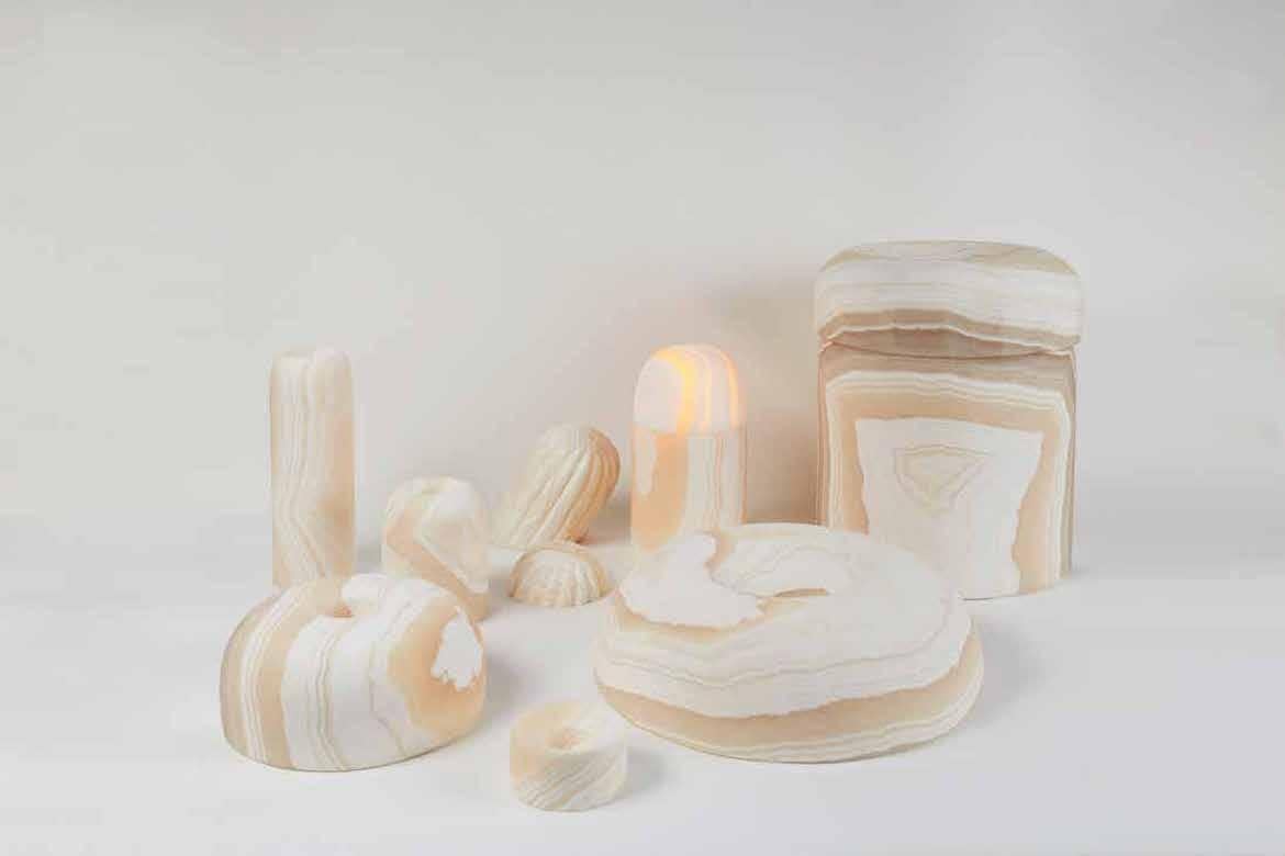 Of Egyptian/Lebanese roots, Omar Chakil developed the series, Volutes, made of unvarnished, untreated, raw Egyptian alabaster which he calls Pharaonic alabaster to differentiate it from other kinds of onyx marbles. Launched during Beirut Design Fair