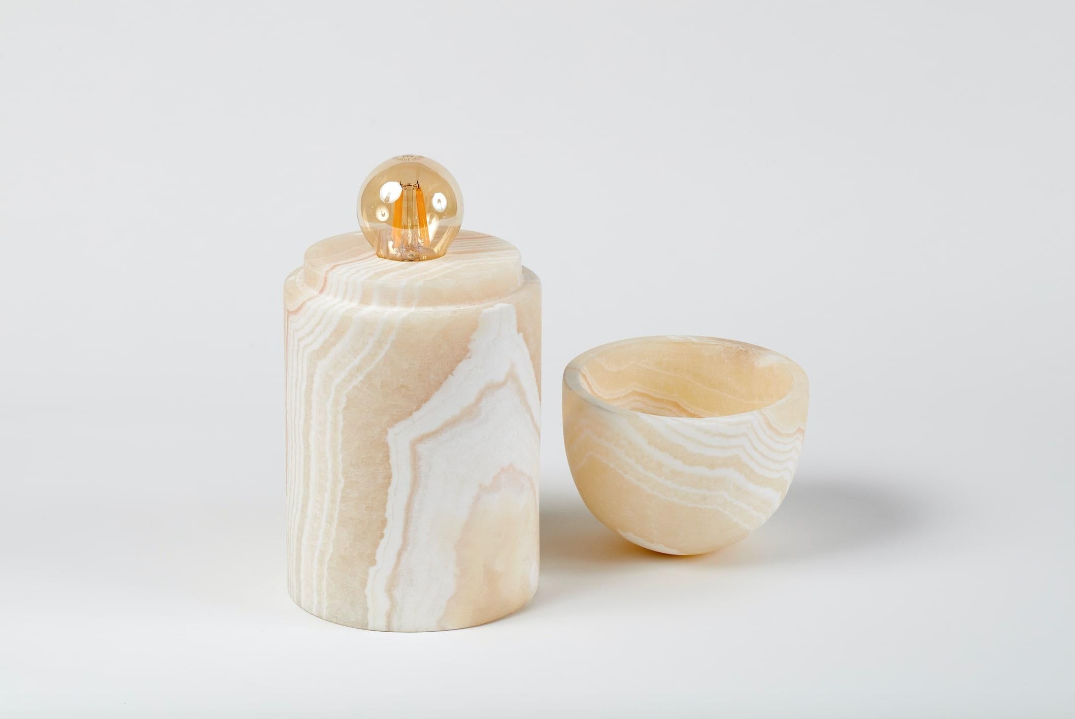 Of Egyptian/Lebanese roots, Omar Chakil developed the series, volutes, made of unvarnished, untreated, raw Egyptian alabaster which he calls Pharaonic alabaster to differentiate it from other kinds of onyx marbles. Launched during Beirut Design Fair