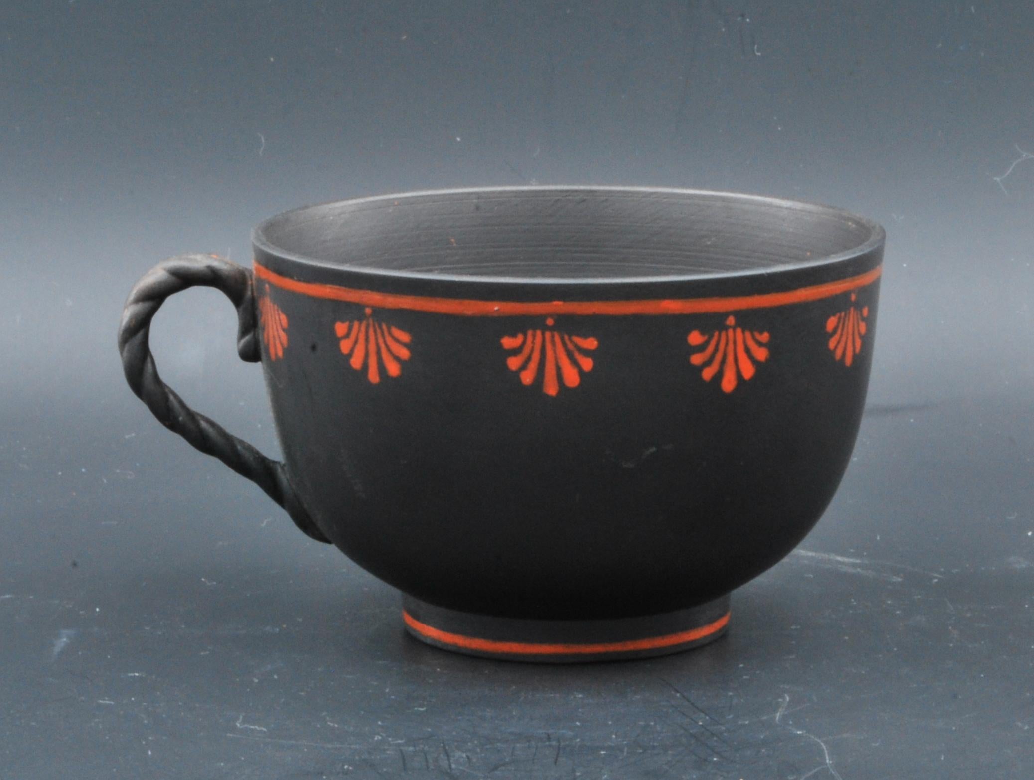 Neoclassical Encaustic Painted Cup and Saucer in Black Basalt, Wedgwood C1790 For Sale