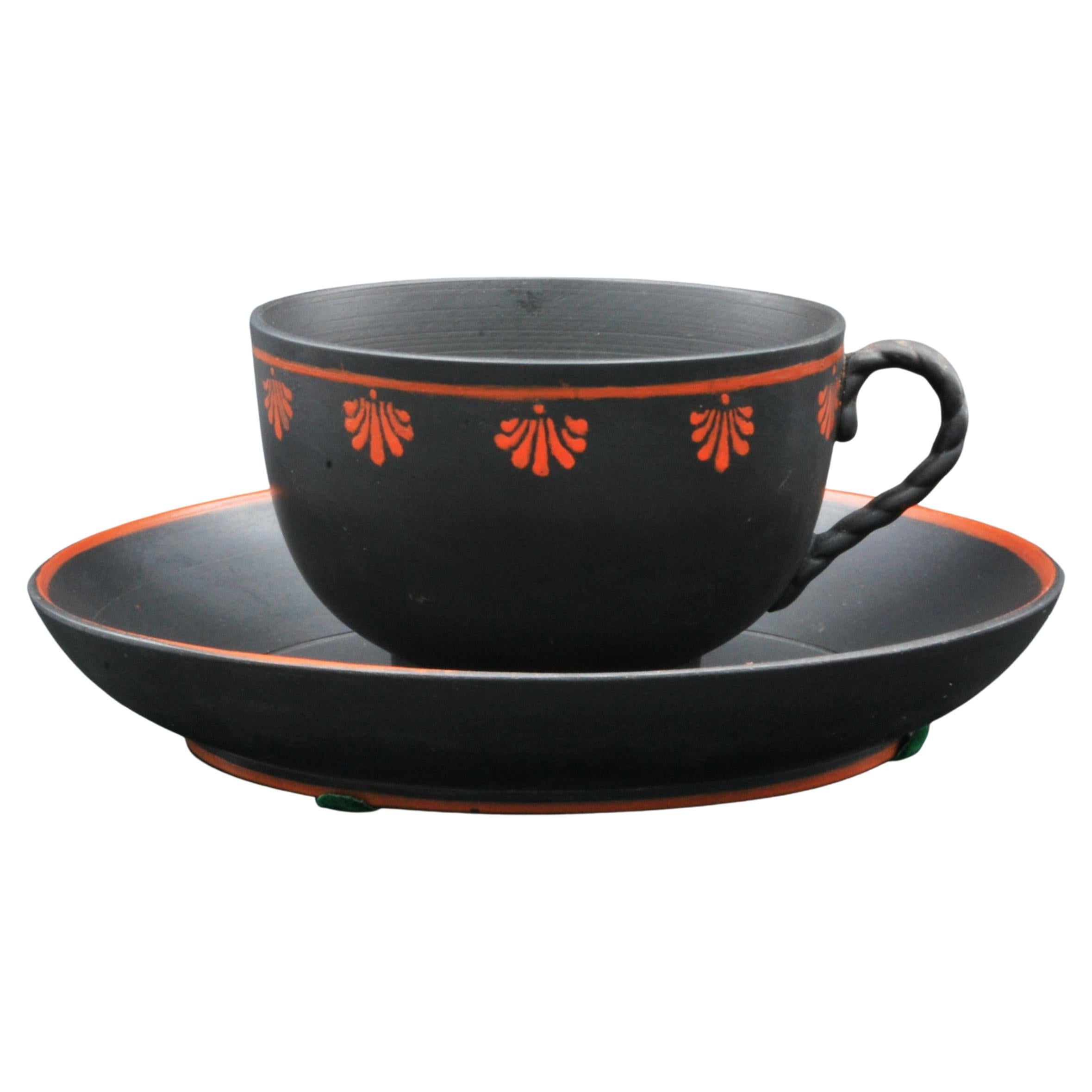Encaustic Painted Cup and Saucer in Black Basalt, Wedgwood C1790 For Sale