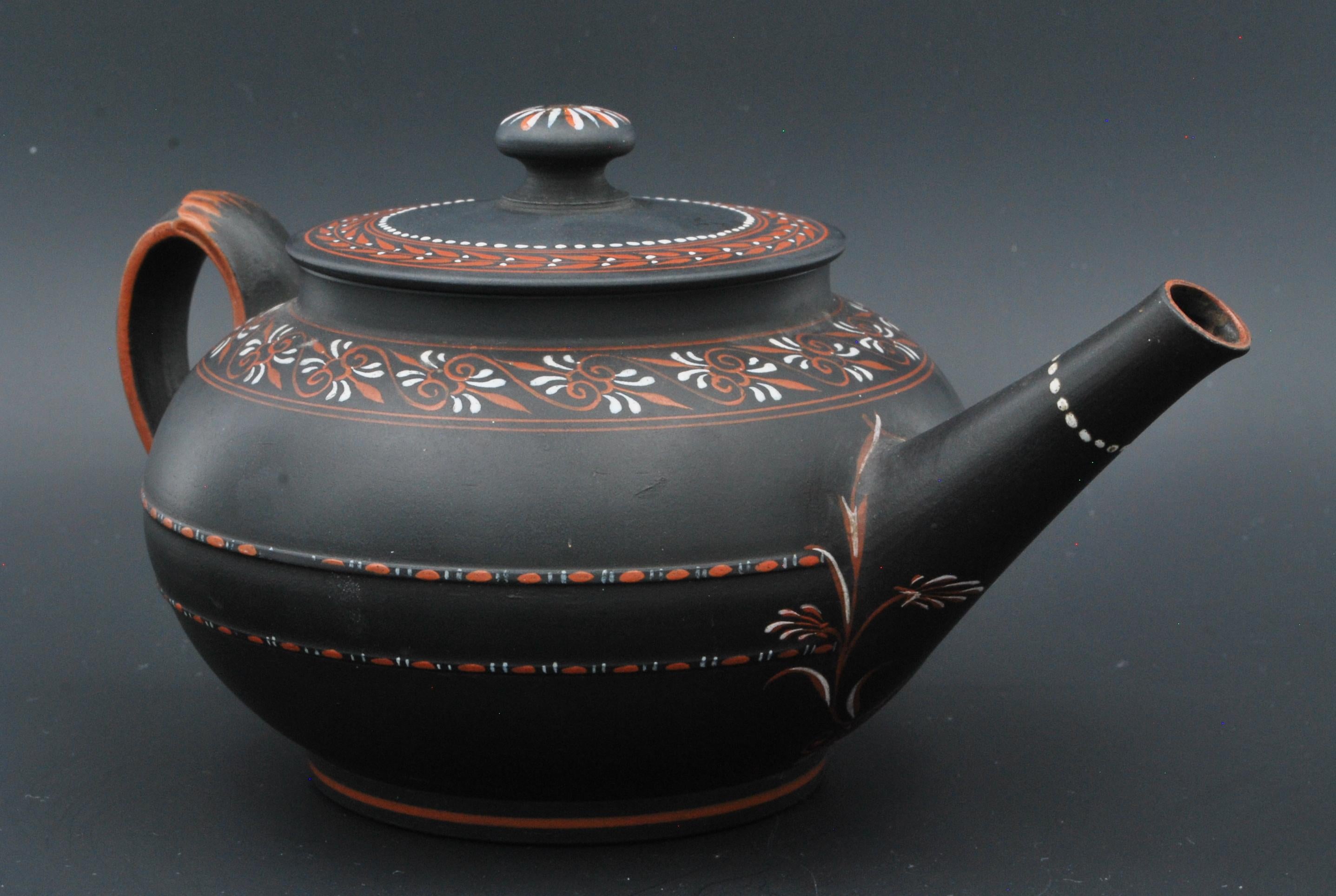 Neoclassical Encaustic Painted Teapot in Black Basalt, Wedgwood C1780 For Sale