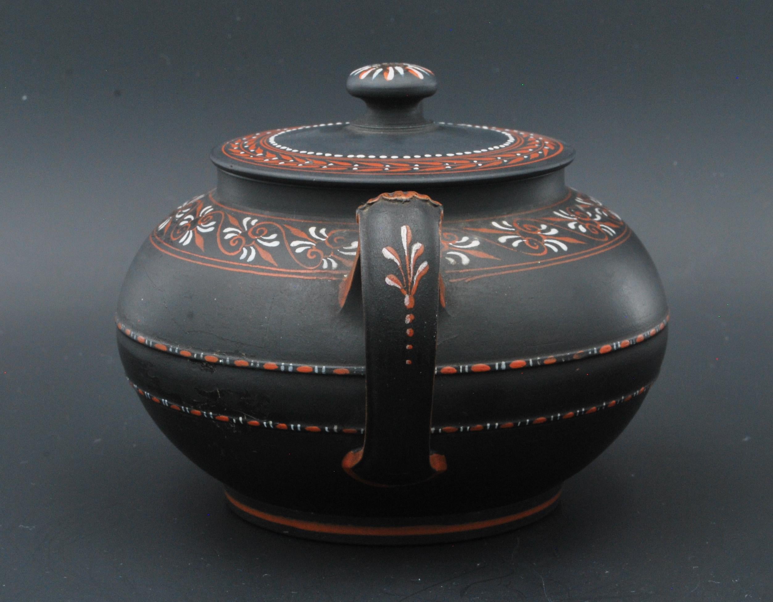 Encaustic Painted Teapot in Black Basalt, Wedgwood C1780 In Fair Condition For Sale In Melbourne, Victoria